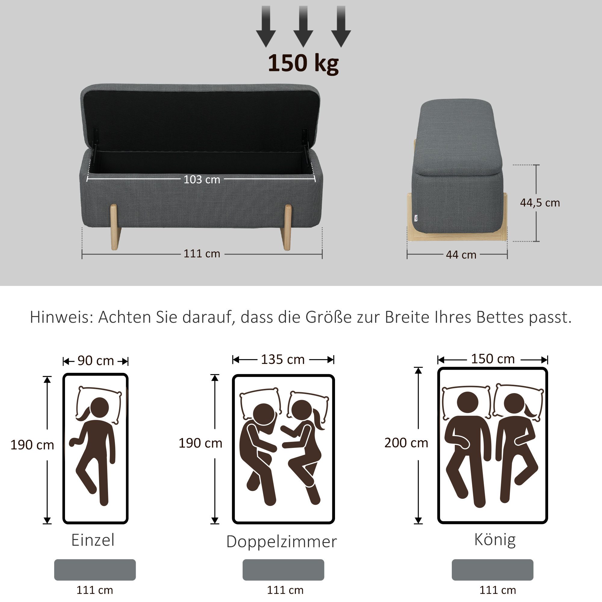 HOMCOM Sitzbank Polsterbank mit Leinenoptik, Sitztruhe Sicherheitsscharniere (Bettbank, 1-St., Polsterbank mit Stauraum), für Wohnzimmer, Schlafzimmer, Flur, 11 – Bild 3 von 5
