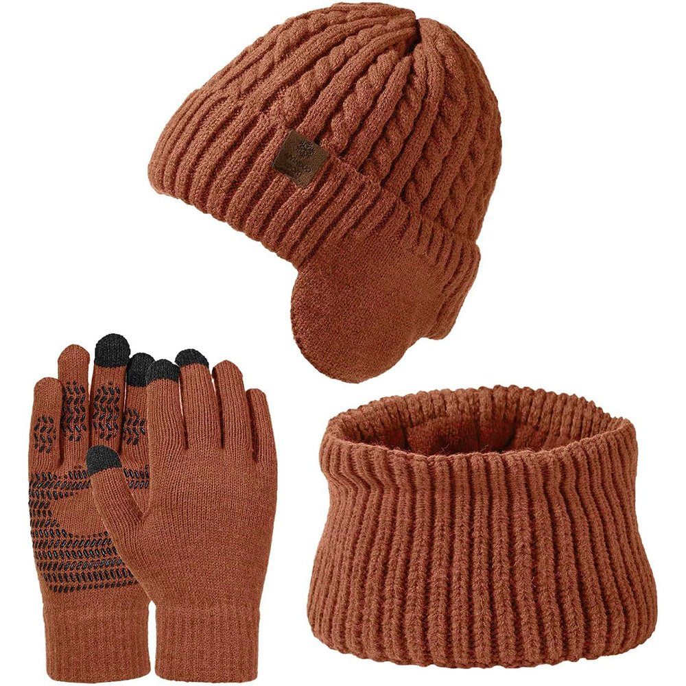 GLIESE Mütze & Schal Mütze Schal Handschuhe Set 3 in 1 Winter Warm Geschenk Set braun