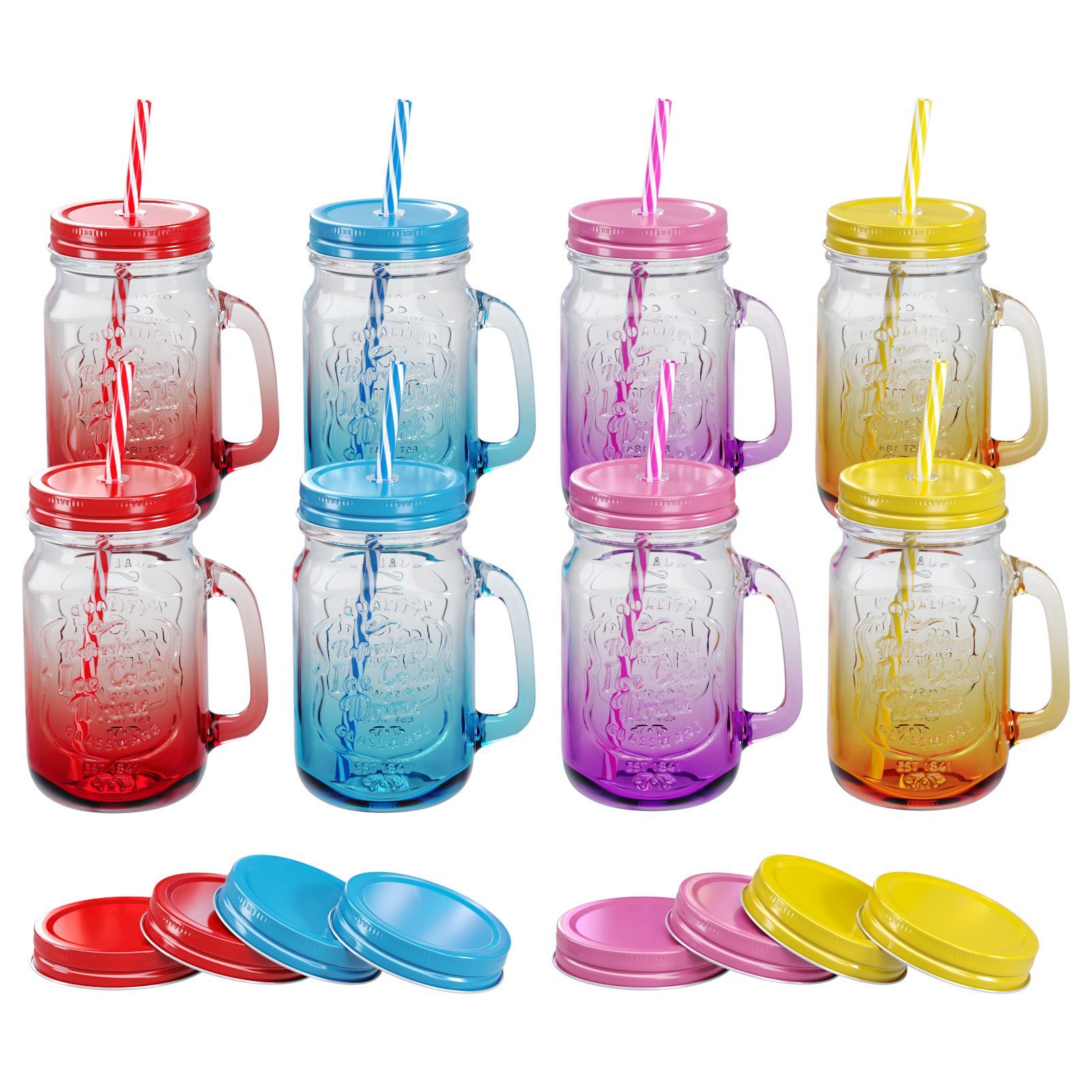 Wellgro Glas Trinkgläser Farbverlauf - 500ml + Ersatzdeckeln, 8-tlg.