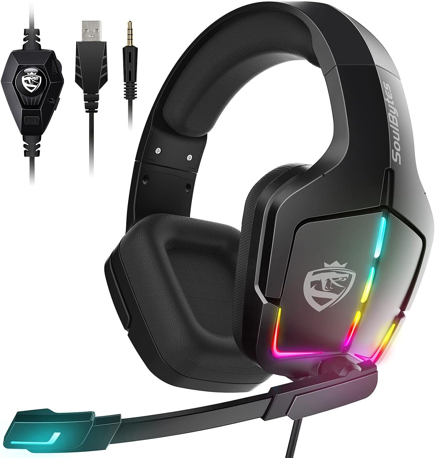 Soulbytes Gaming-Headset (Kabelgebundener Kopfhörer, Mit Kabel, 3,5mm Surround Sound Kabelgebunden Stereo Bass Over Ear mit RGB-Licht)
