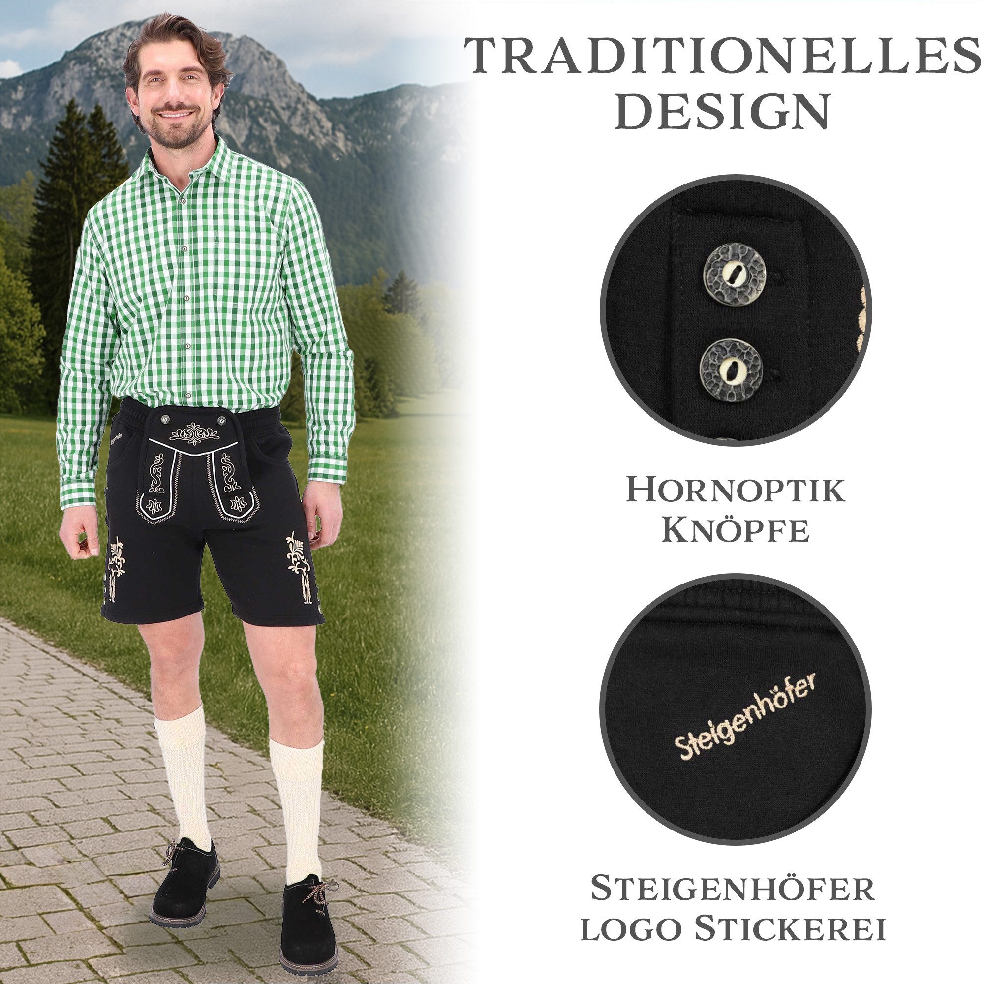 Steigenhöfer Manufaktur Jogginghose "MORITZ" kurze Jogginghose im Lederhosen Look Herren Tracht für Oktoberfest Wiesn und weitere Feierlichkeiten
