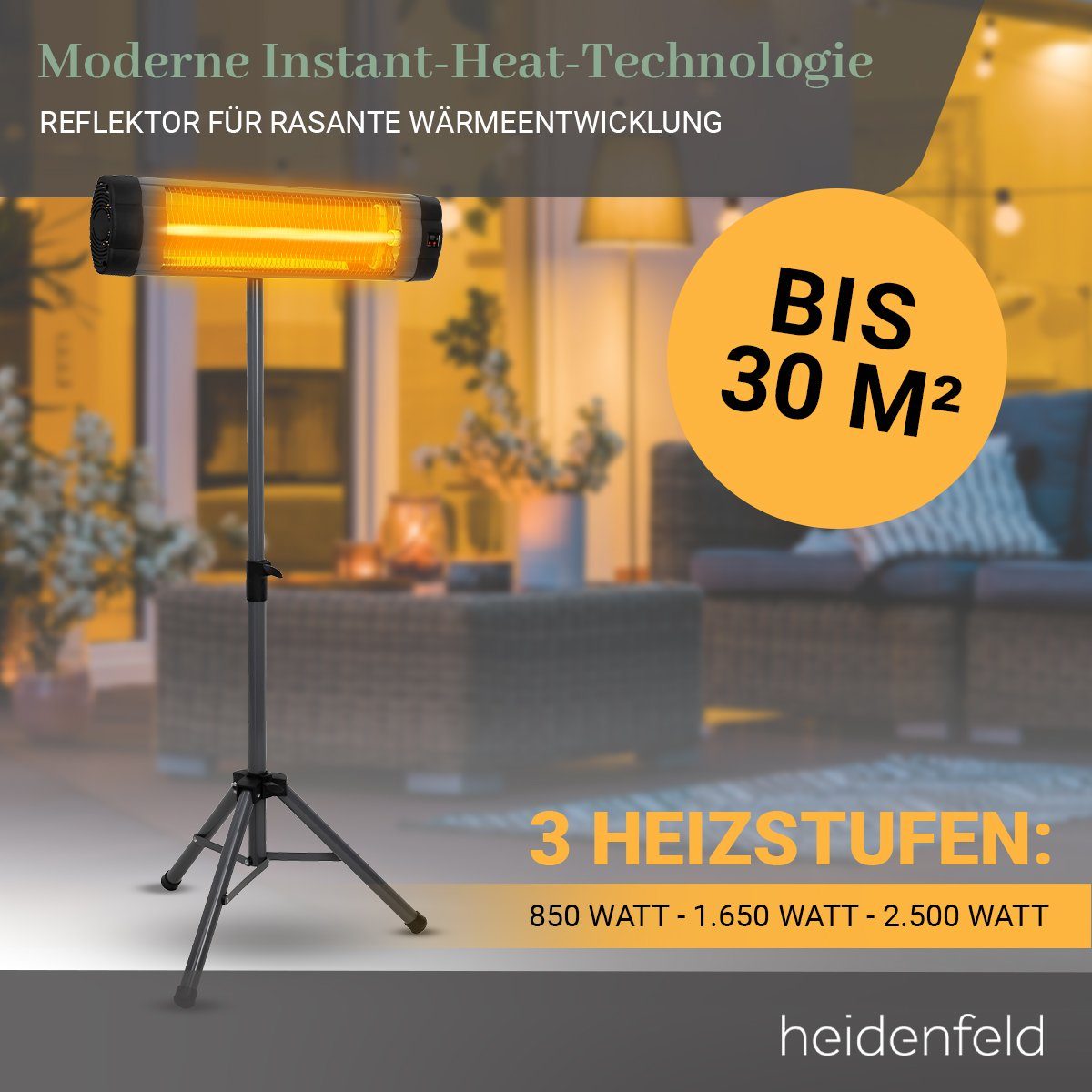 Heidenfeld Heizstrahler Infrarot-Heizstrahler IH100 mit Stativ & Fernbedienung, 3 J. Garantie, 2500 W, Heizstrahler Terrasse, Heizung Wintergarten, Heizung elektro