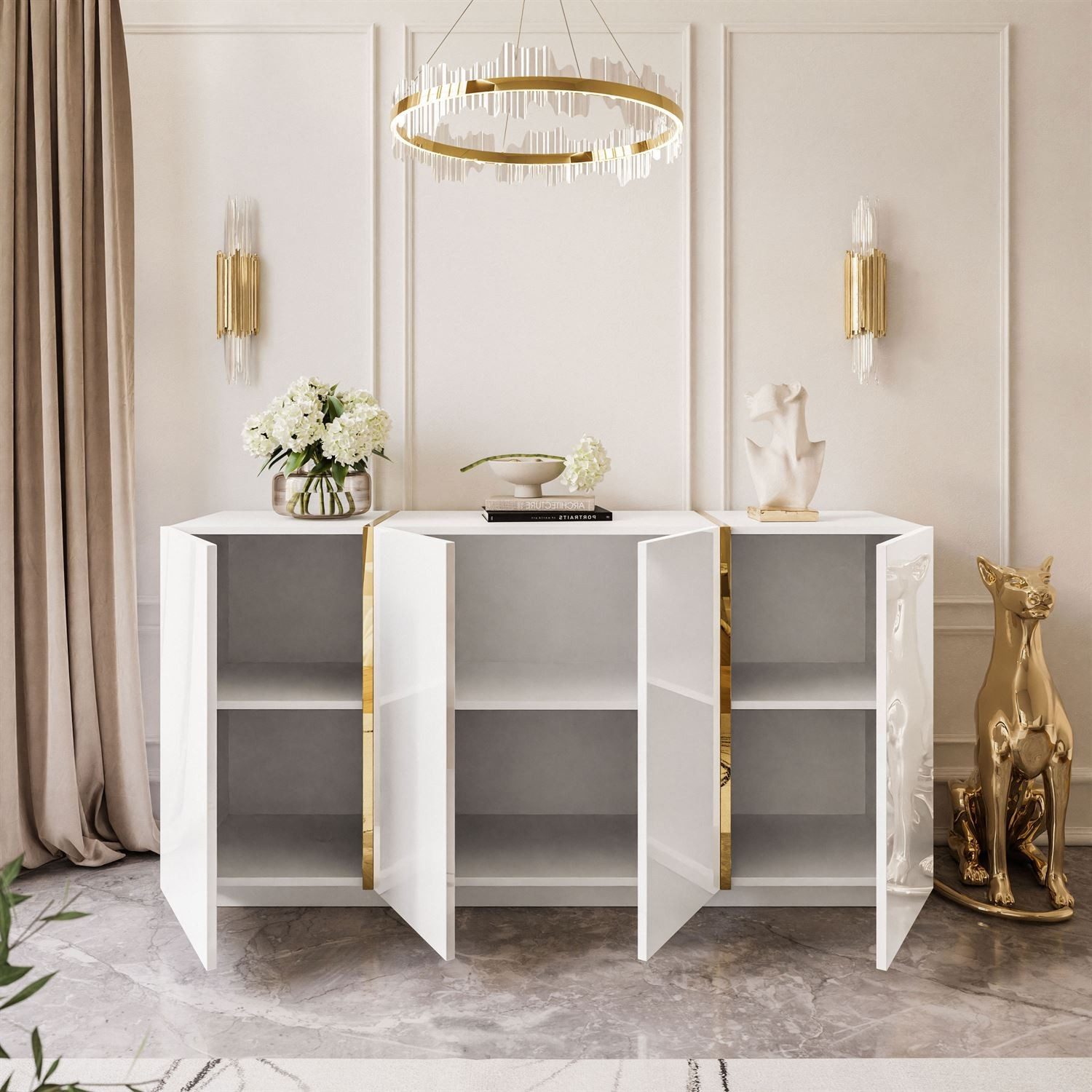 ALLHOUSE24 Kommode DIAMANT GOLD Hochglanz 158 cm Sideboard weiß, schwarz oder kaschmir (1x Kommode), Breite 158 cm
