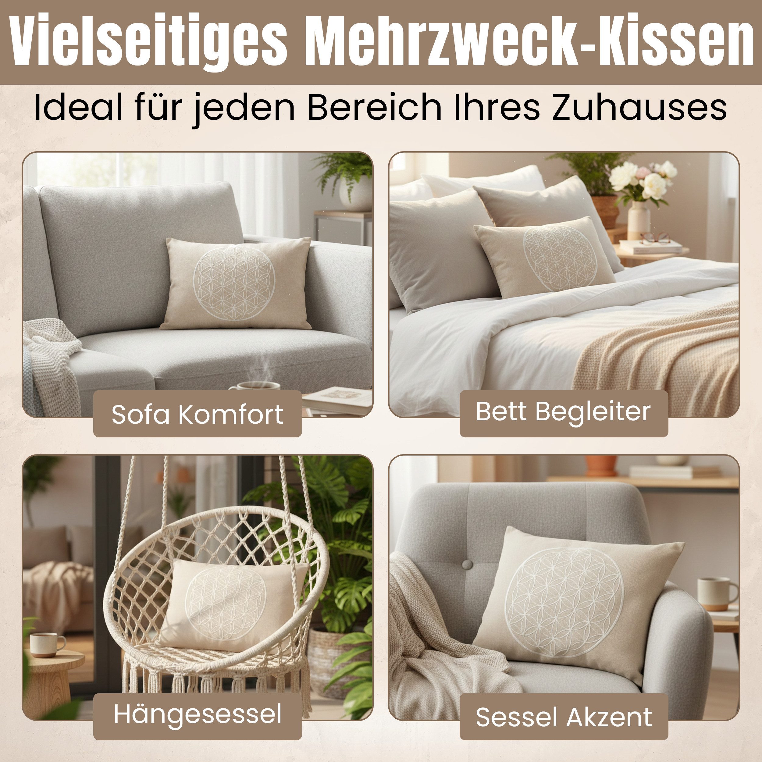 geborgenschlafen Zirbenkissen Blume des Lebens – Dekokissen mit Zirbenspänen – Bio Baumwolle, Deutsche Handfertigung - Nachhaltige Forstwirtschaft