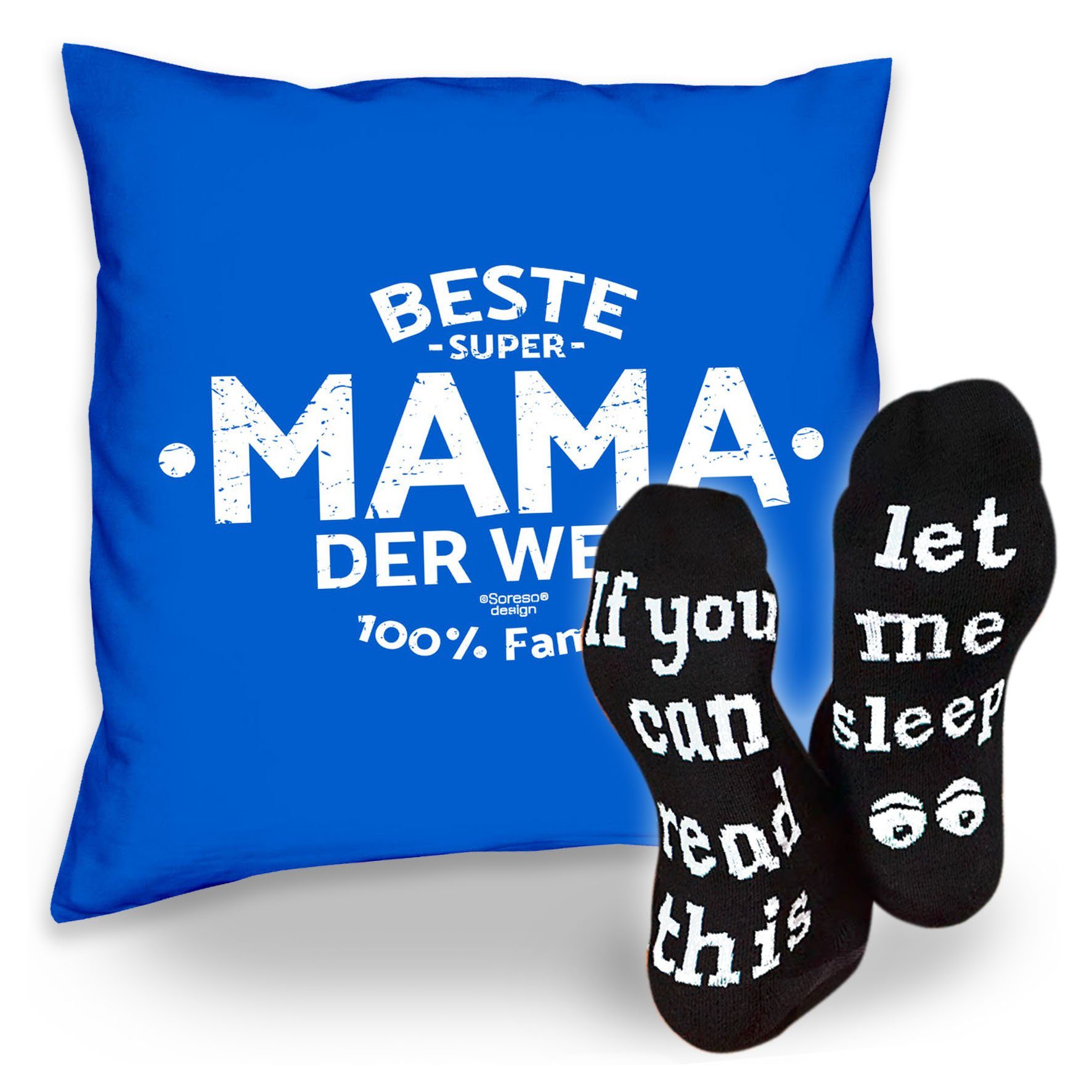 Soreso® Dekokissen Kissen Beste Mama & Muttertagsgeschenk der Welt Socken Sprüche Muttertag Mama Sleep, royal-blau