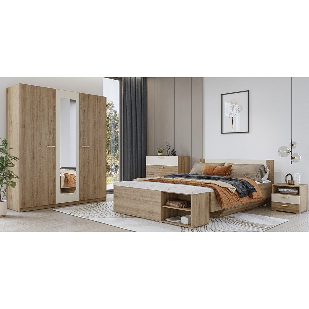 Lomadox Schlafzimmer-Set VARESE-83, (Spar-Set, 5-tlg., Kleiderschrank Kommode Bettgestell Sitztruhe Nachtkommode), Eiche mit beige 160x200cm Liegefläche inkl. Truhenbank modern