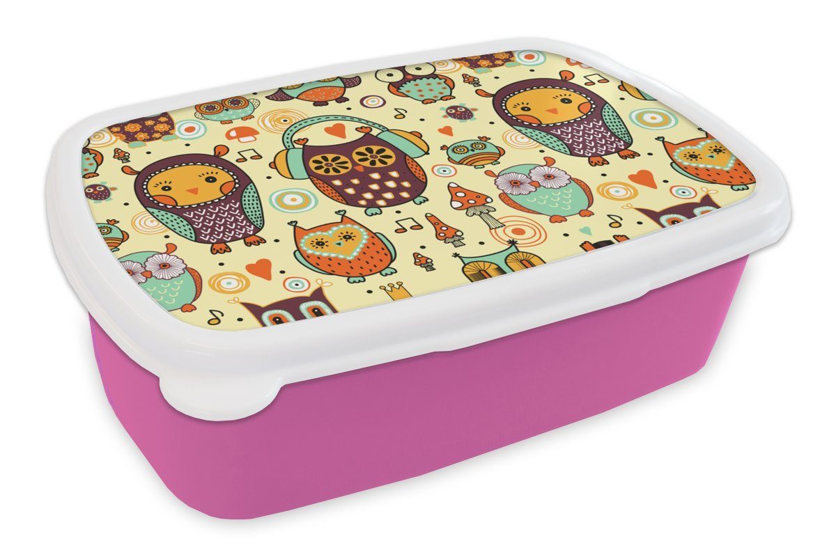 MuchoWow Lunchbox Eule - Kopfhörer - Muster, Kunststoff, (2-tlg), Brotbox für Erwachsene, Brotdose Kinder, Snackbox, Mädchen, Kunststoff rosa