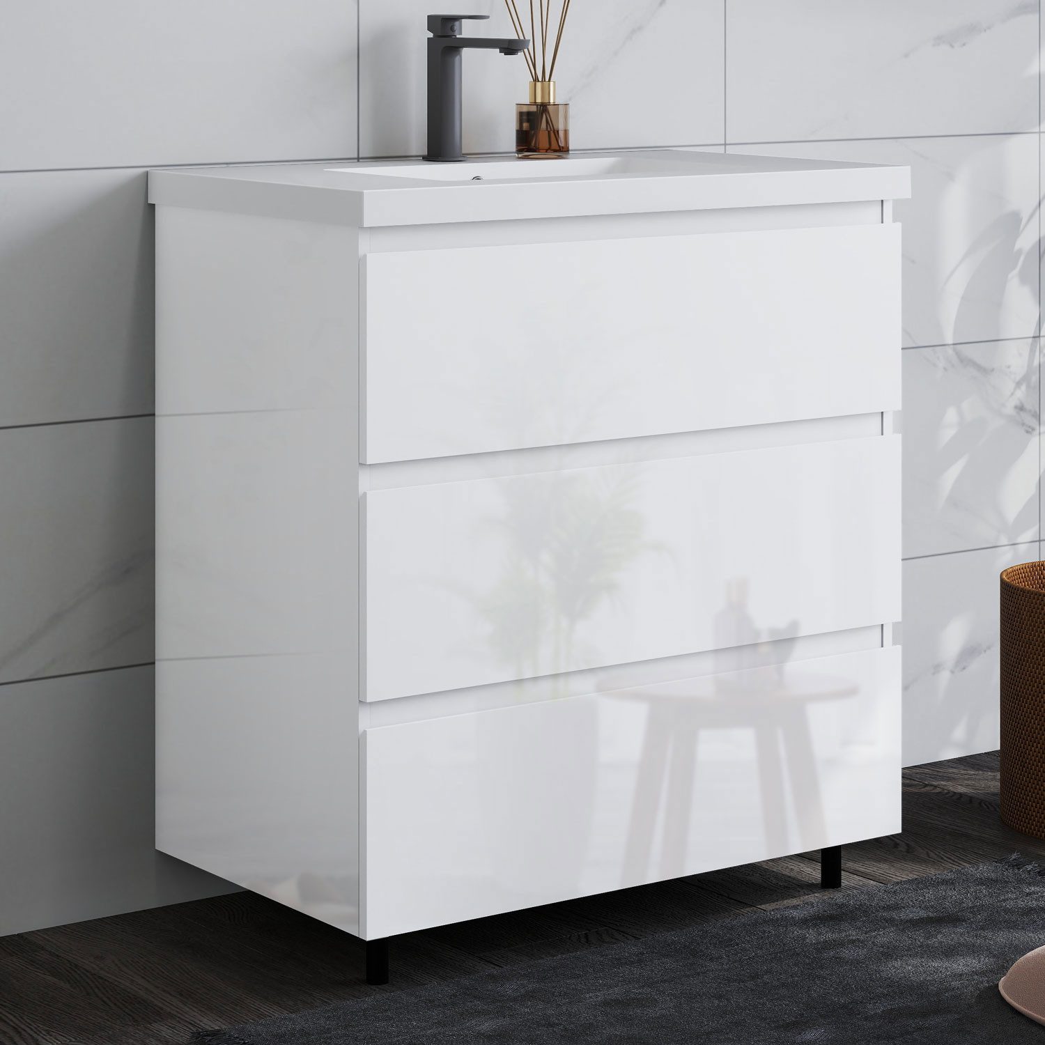 duschspa Waschtisch Badmöbel Set Waschbecken mit Unterschrank Standschrank (Hängeschrank, mit Schrankfüße), 80/100cm breit