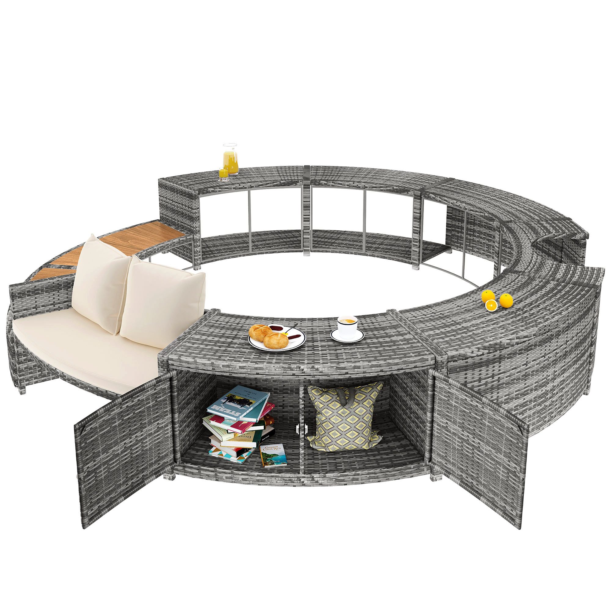 Rutaqian Gartenlounge-Set Garten-Lounge-Set mit runder Couch, Gartenmöbel-Set, Lounge-Set, (für Whirlpool und Pool, mit verstellbaren Füßen, inklusive Kissen), Möbel für Terrasse, Garten oder Poolbereich
