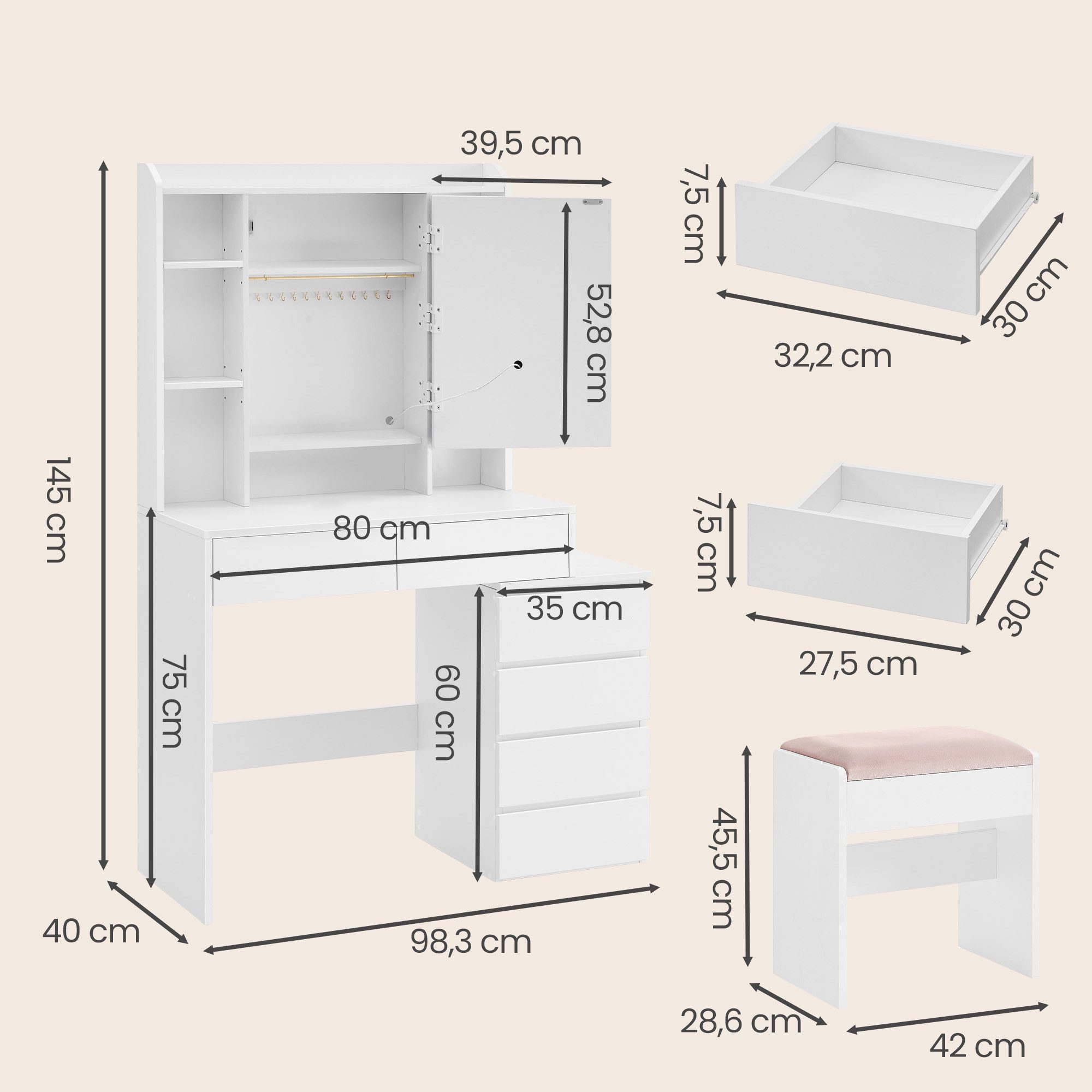 VASAGLE Schminktisch Frisiertisch mit Spiegel, Kosmetiktisch mit Schubladen (1 Tisch mit 1 Hocker), verstellbare Ablagen, 3 einstellbare Lichtfarben – Bild 4 von 5
