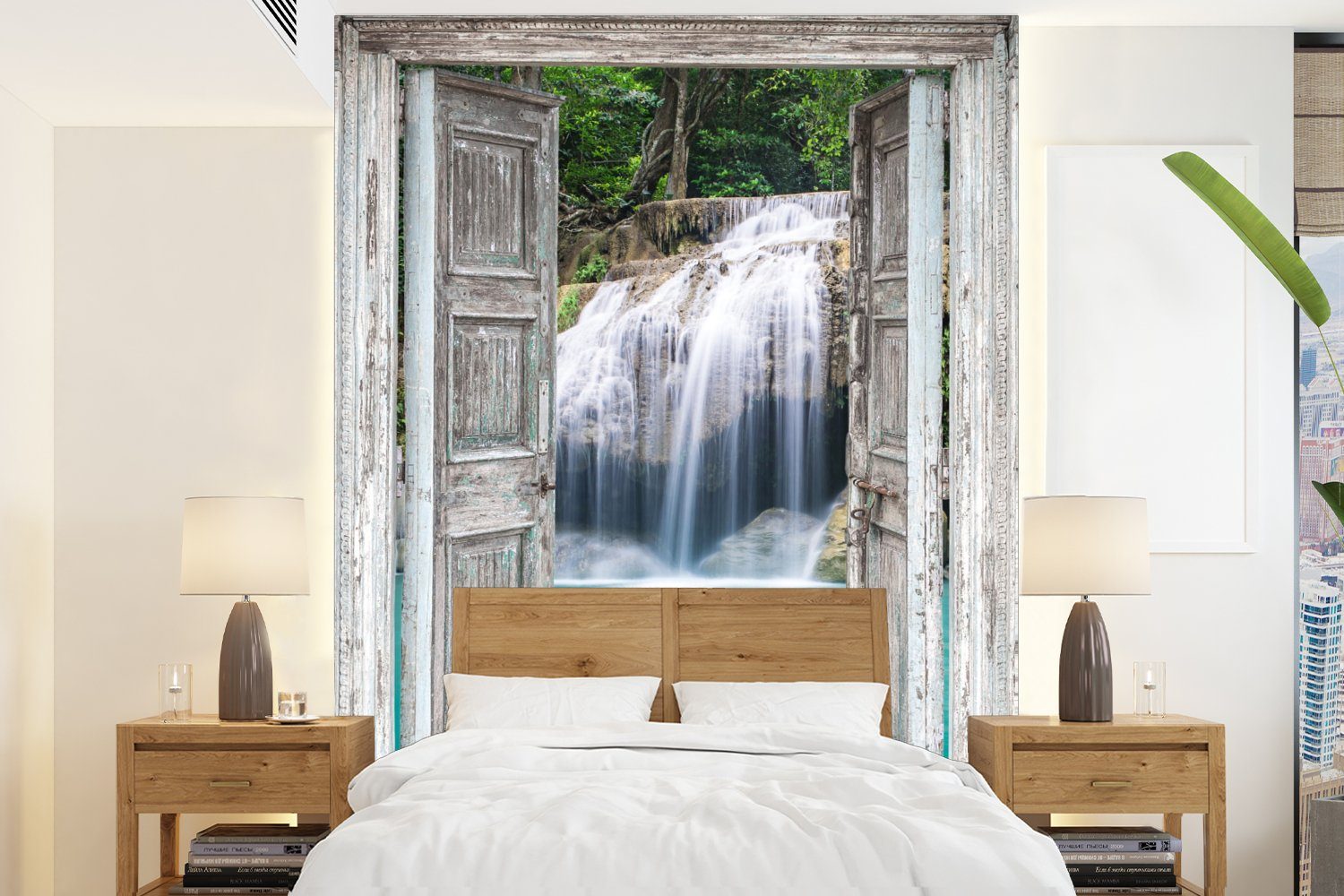 MuchoWow Fototapete Aussicht - Wasserfall - Natur - Landschaft, Matt, bedruckt, (4 St), Montagefertig Vinyl Tapete für Wohnzimmer, Wandtapete