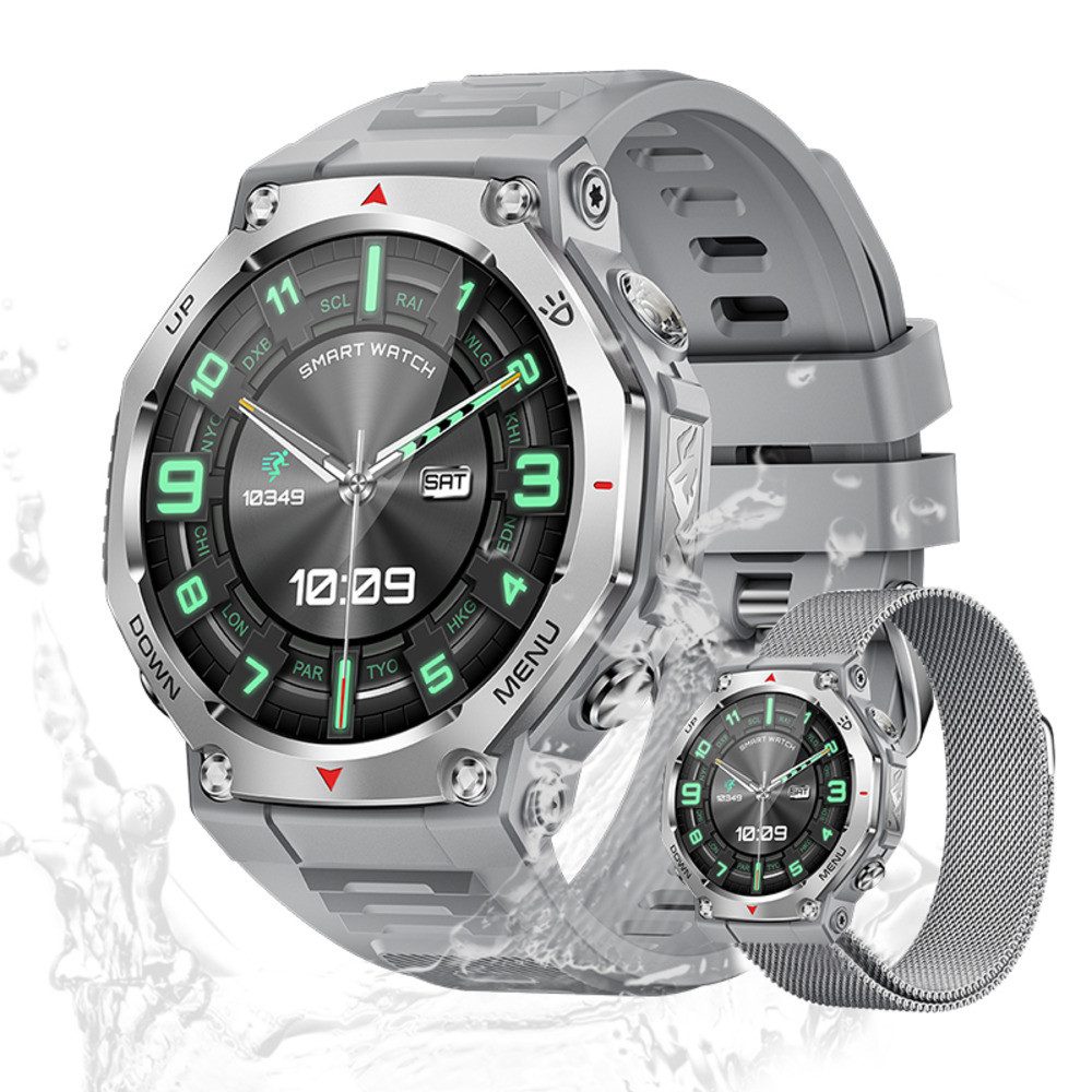 Valdus Herren's Telefonfunktion 5ATM Wasserdicht Fitness-Tracker Smartwatch (1.43 Zoll, Android/iOS), Gesundheits- & Sportuhr mit Herzfrequenz, SpO₂, Schlaf & Stressanalyse