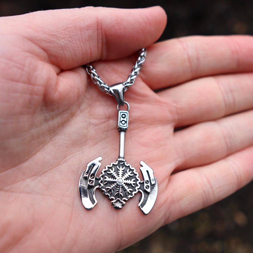 DALMARO Kette mit Anhänger Lederkette Edelstahlkette 316L WIKINGER KOMPAS AXT, Herren Halskette Biker / Wikinger Kette - Schmuckbox