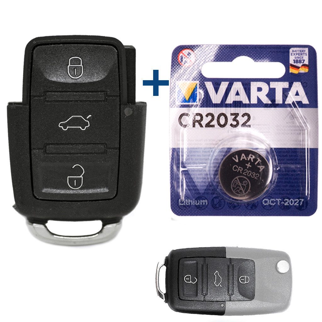 mt-key Auto Schlüssel Ersatz Reparatur Gehäuse 3 Tasten + VARTA CR2032 Knopfzelle, CR2032 (3 V), für VW Polo 9N 9C Passat B5 EOS 1F Touran 1T Funk Fernbedienung