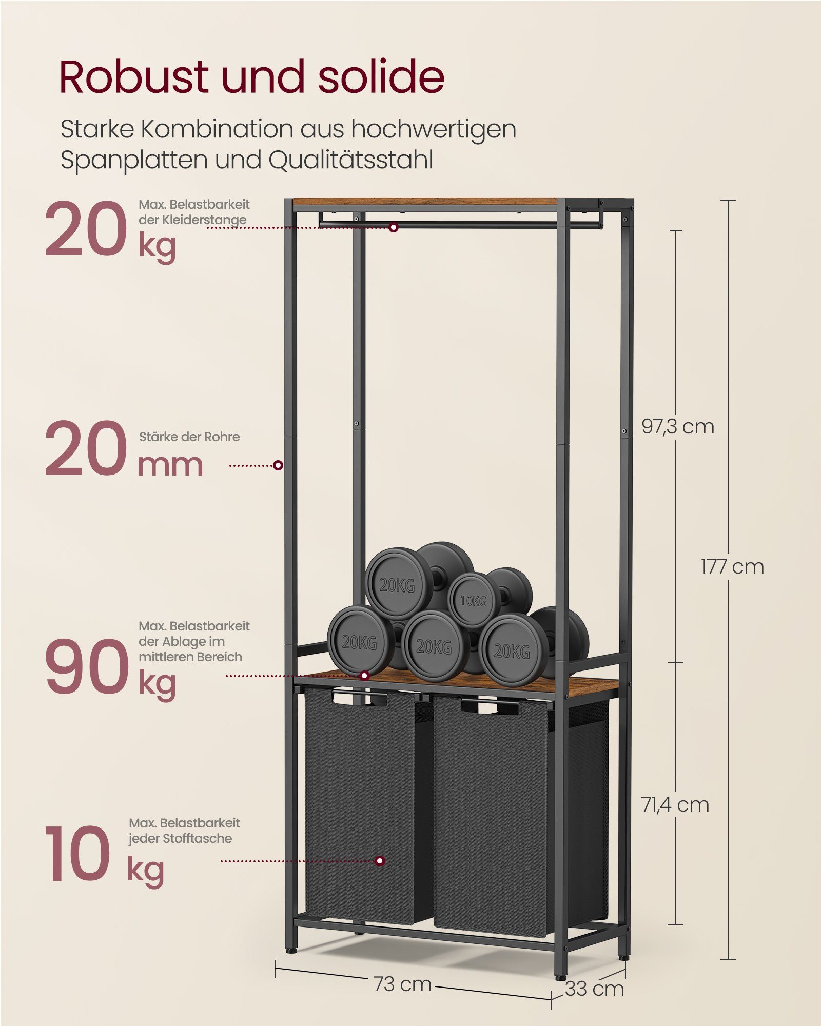 VASAGLE Wäschekorb, 2 L 2 46 abnehmbar, 2 x mit Kleiderstange, Fächer, Ablagen, Vintagebraun-Klassikschwarz