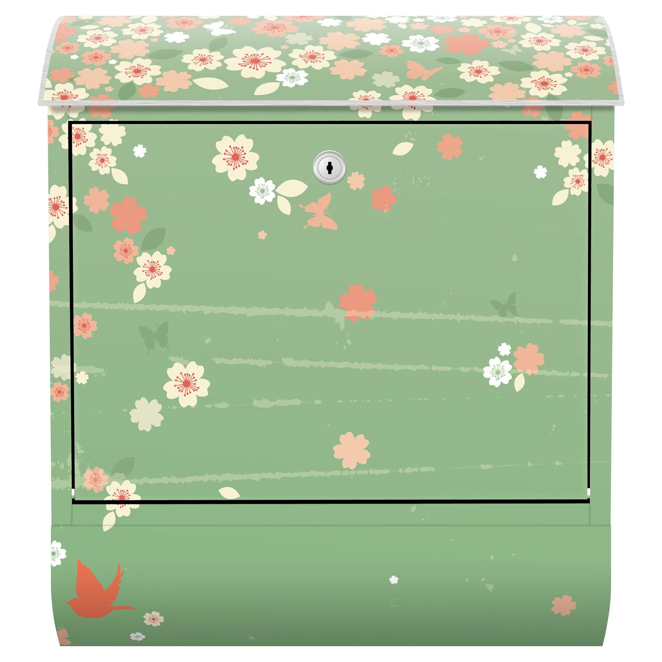 Bilderdepot24 Briefkasten Wandbriefkasten mit Zeitungsfach Motiv Frühlingsblüten auf Grün (inkl. Zeitungsrolle und 3 Schlüssel), Motivdruck, wetterfest, UV-beständig, abschließbar, 46x39x13 cm
