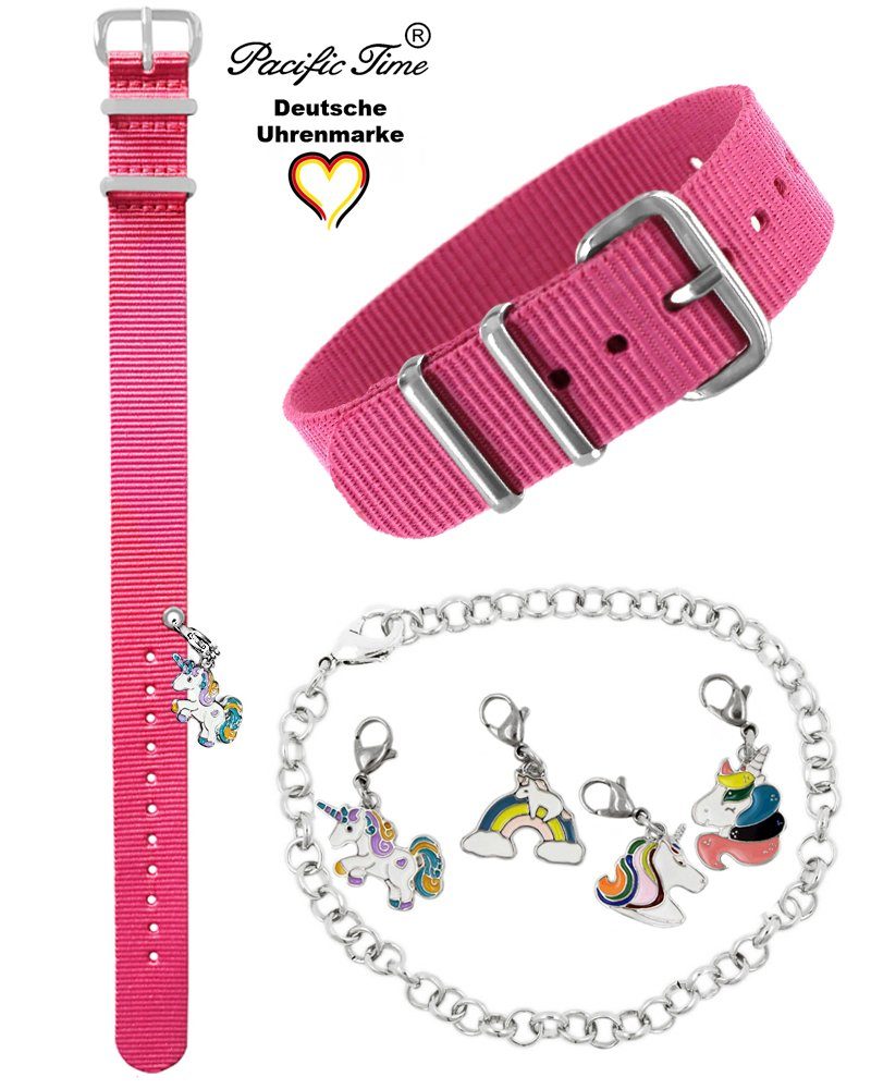 Pacific Time Uhrenarmband Wechselarmband Textil Nylon 16mm mit Einhorn Charms, Gratis Versand