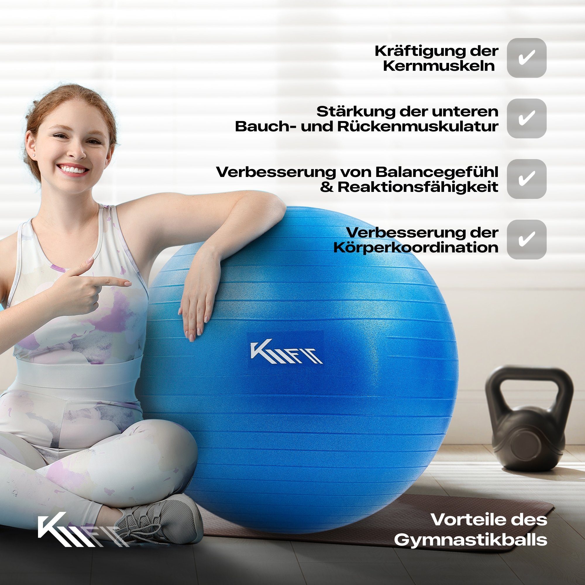 KM - Fit Gymnastikball 55 cm Trainingsball Sitzball für Fitness, Yoga & Gymnastik (mit Luft-Pumpe), Max. Belastbarkeit: 300 kg