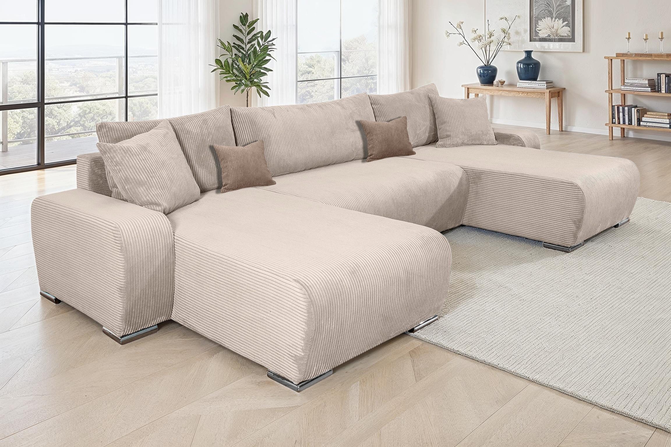 COLLECTION AB Wohnlandschaft Paola U-Form, mit Schlaffunktion, Stauraum, Zierkissen und Bonnellfederkern, Cord
