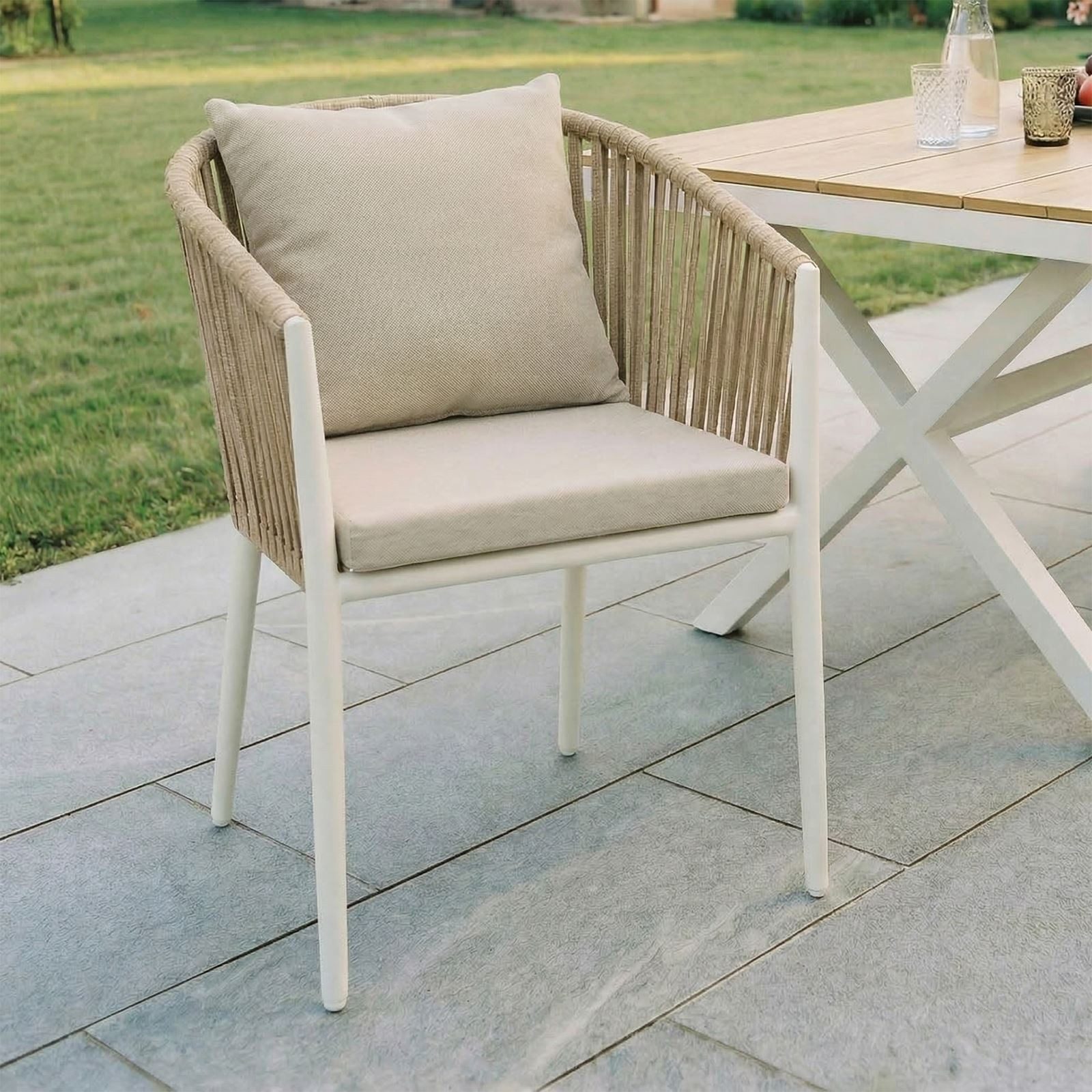 IDIMEX Gartenstuhl ISOLA (6 St), wetterfest mit Sitzkissen, stapelbar mit Rope Bespannung Weiß/Beige