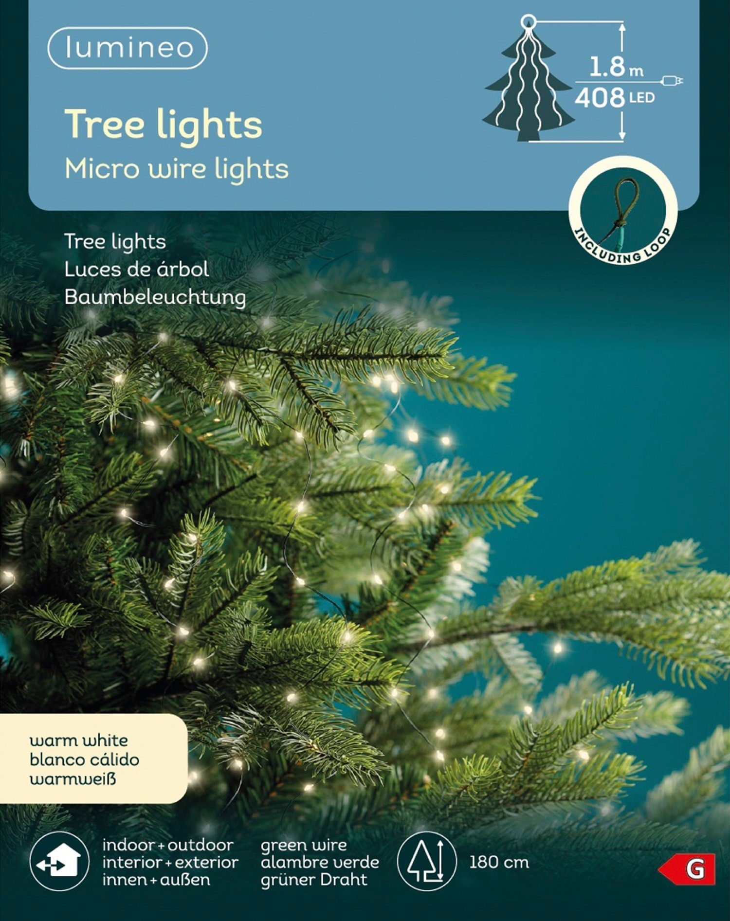 Lumineo LED-Lichterkette Lumineo Lichterkette TREE LIGHTS 408 LED 1,8 m warm weiß, grüner Draht, 12 Lichtstränge, Indoor/Outdoor, Baum: 180 cm, Timer
