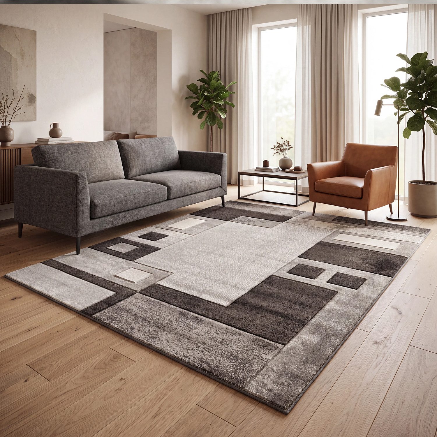 Vimoda Designteppich Wohnzimmer Kariert mit Farbverlauf und Konturenschnitt Grau & Braun, Rechteckig, Höhe: 12 mm, Hochwertiger, karierter Wohnzimmerteppich mit definiertem Schnitt