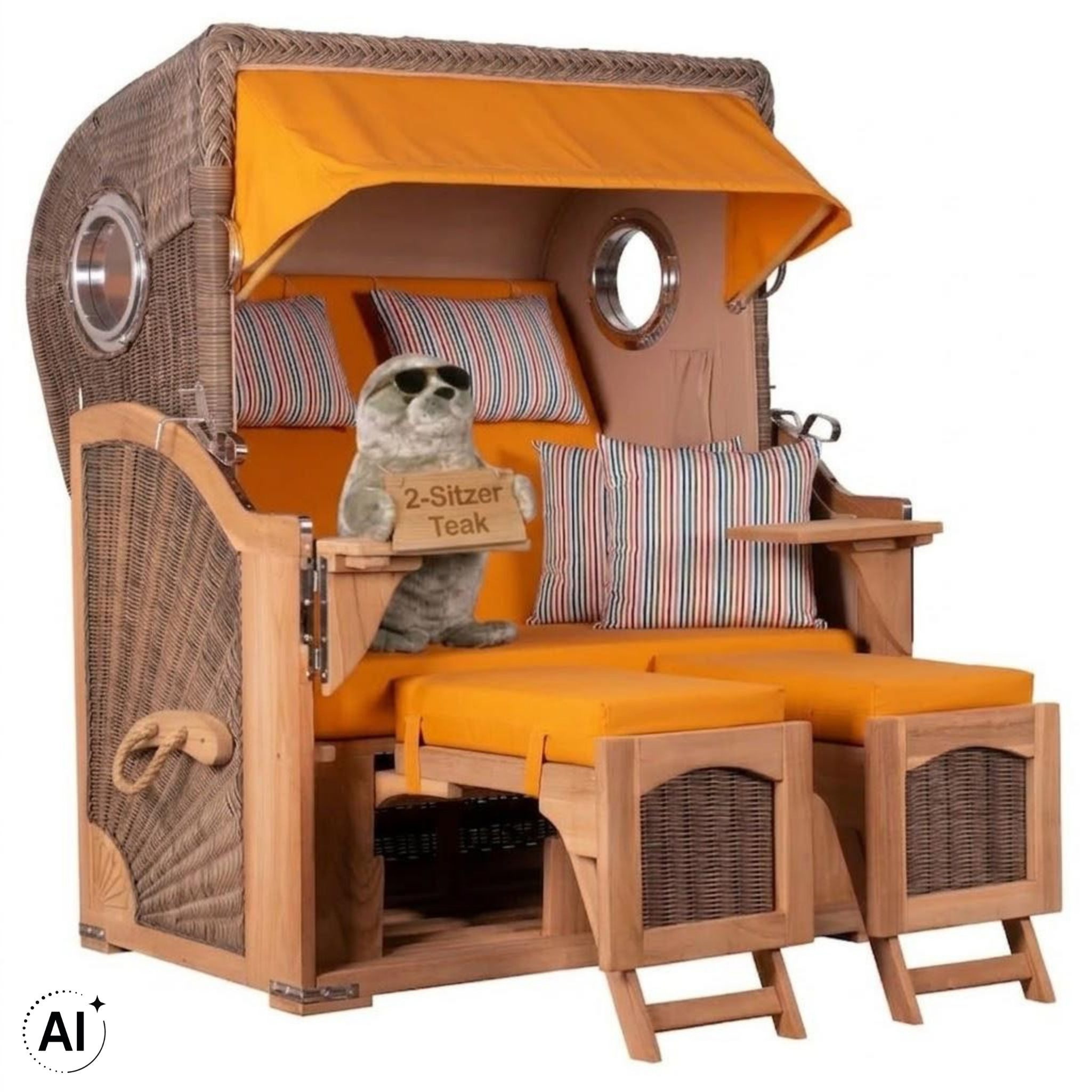 MR.DEKO Strandkorb Düne 2-Sitzer Teak Bullauge wetterfest PE-Geflecht grey, BxTxH: 125x80x170 cm, Düne, Düne, (Fertig montierter Strandkorb für Garten, Terrasse & Balkon), Wetterfester Volllieger mit Edelstahlbeschlägen & waschbaren Polstern