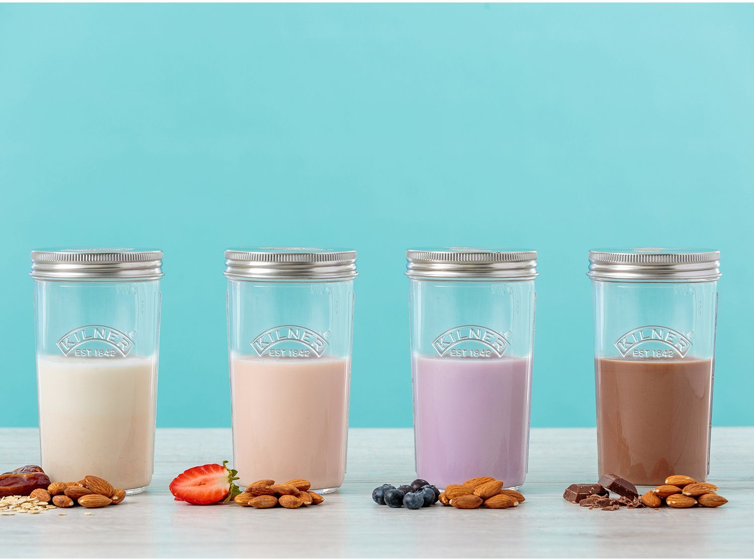 KILNER Protein Shaker, Glas, 0,5 Nussmilch, und mit Gläsern á (Set, für L Spritzschutz, 2 4-tlg), Kolben