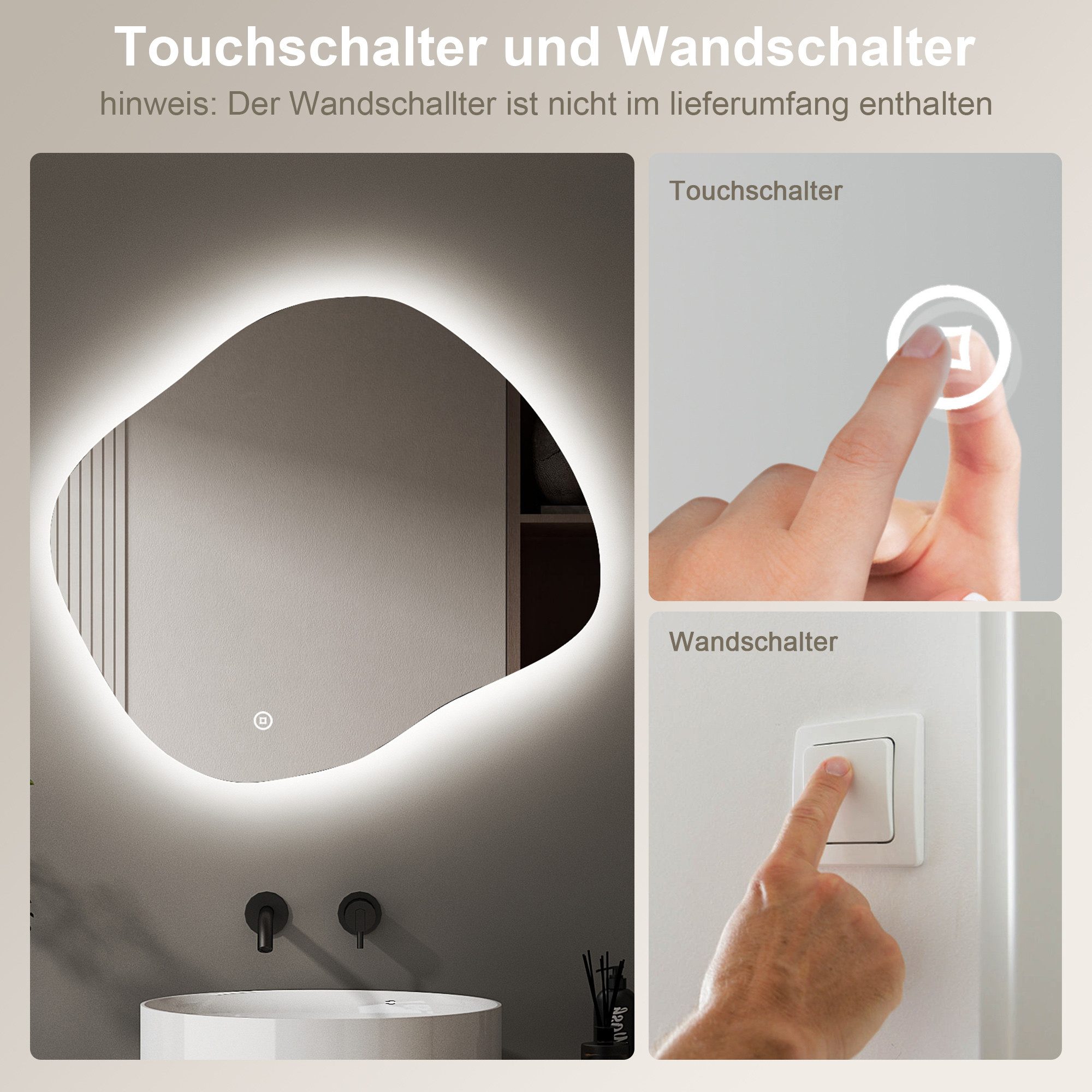 WDWRITTI Badspiegel LED Spiegel Badspiegel mit Beleuchtung Modern Dreifarbiges Dimmbar (Dekospiegel Asymmetrisch Spiegel, 84x74cm), wasserdichte LED-Leuchte – Bild 5 von 5