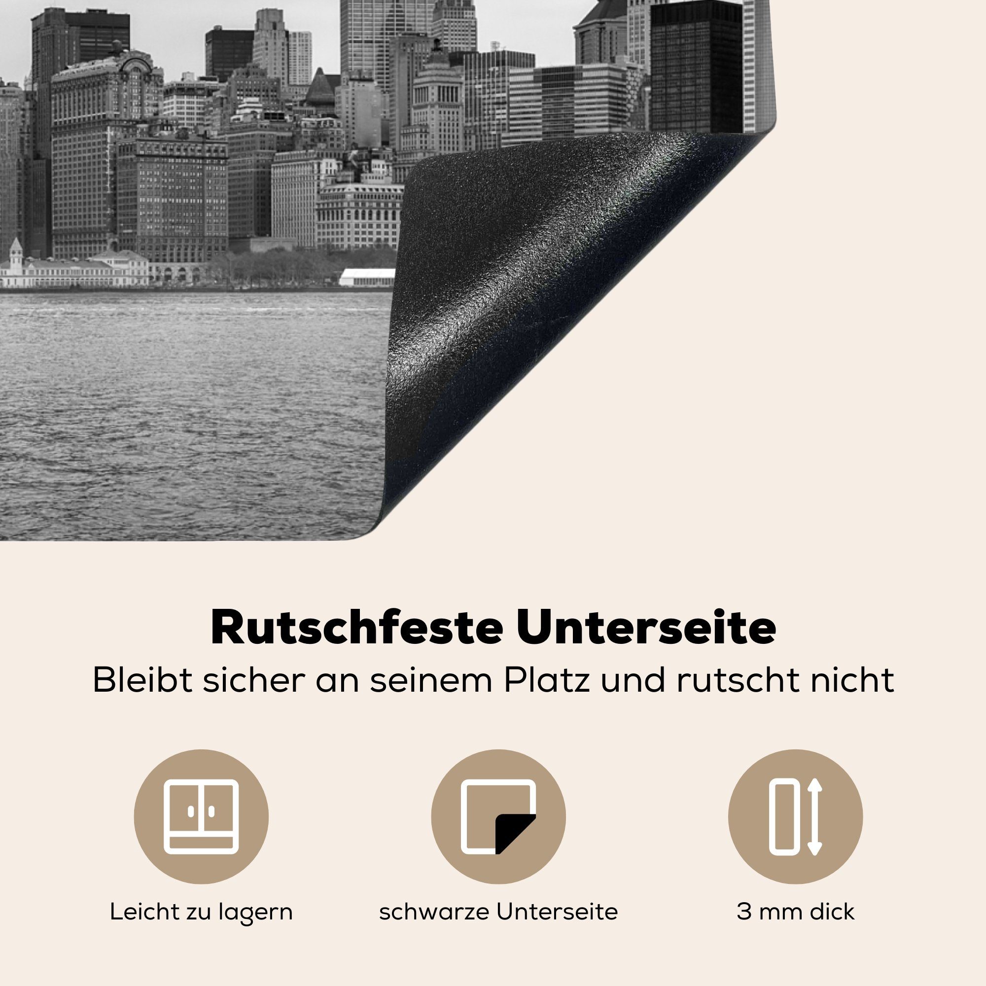 Manhattan küche, in tlg), MuchoWow schwarz Schutz New 71x52 die weiß, York Ceranfeldabdeckung Vinyl, (1 cm, Induktionskochfeld für und Herdblende-/Abdeckplatte