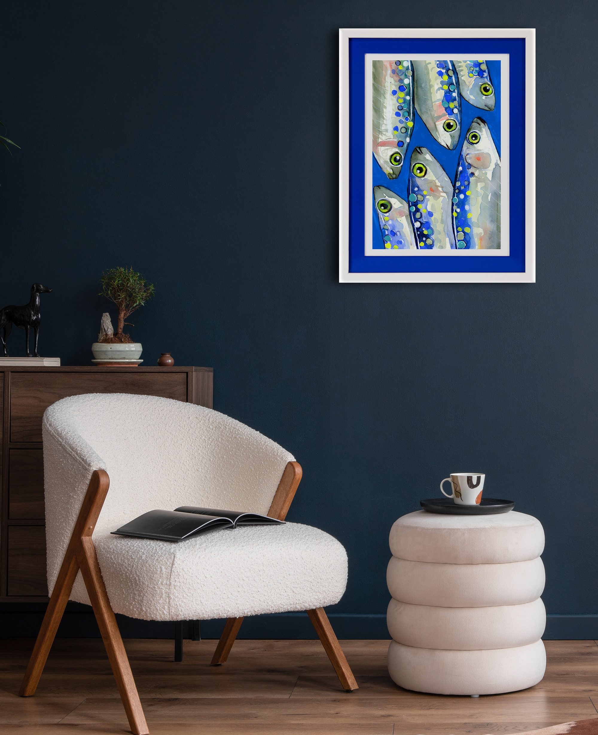 queence Bild mit Rahmen Fische, Fischbild, blau, blautöne, Kunst, Tiere, Wassertiere (1 St), Poster mit buntem Acrylglas Passepartout
