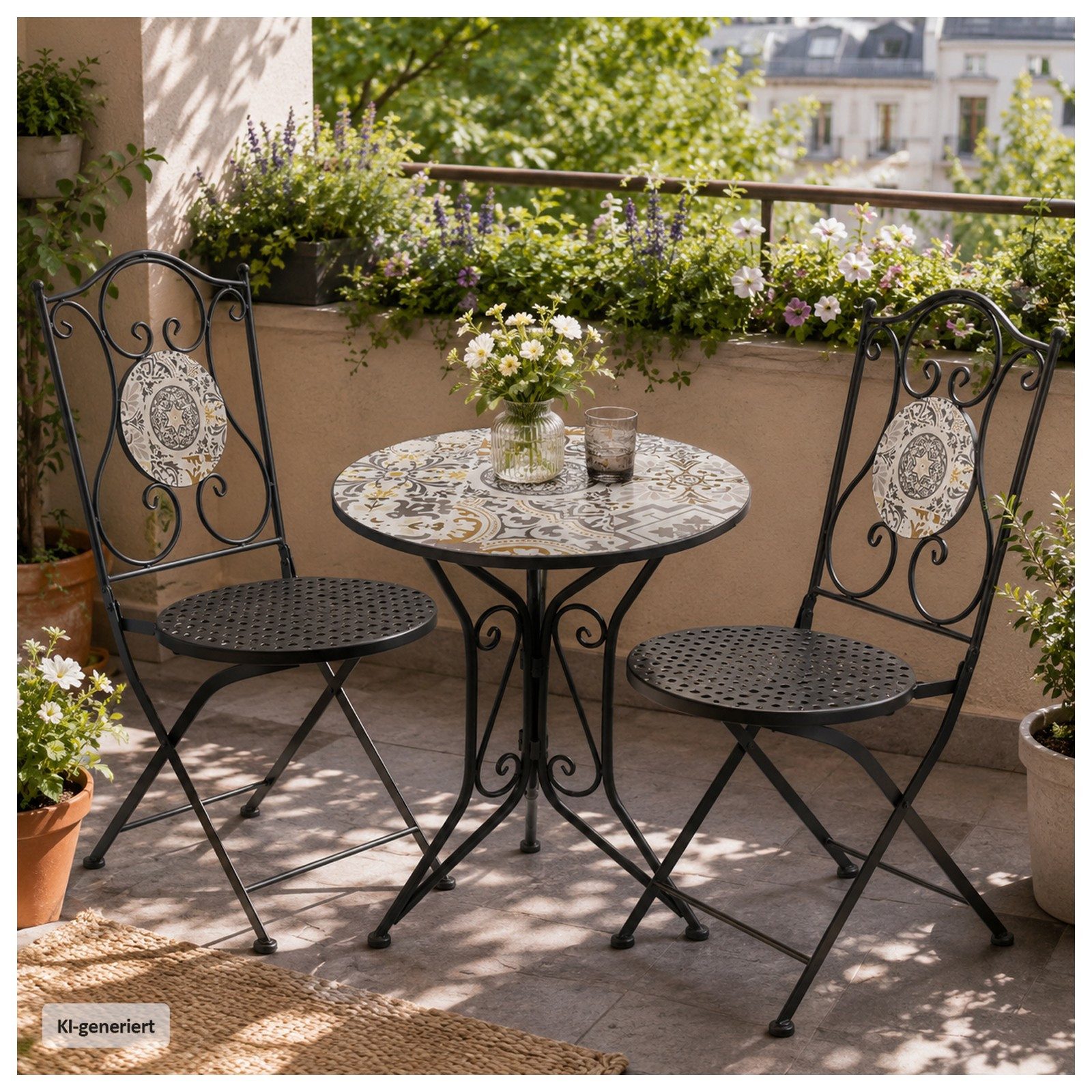 HTI-Living Garten-Essgruppe Sitzgruppe Metall Bistro Set mit Motiv Algier für Balkon und Terrasse, (Set, 3-tlg., 1 Tisch 2 Stühle), Sitzgruppe Essgruppe Balkonset