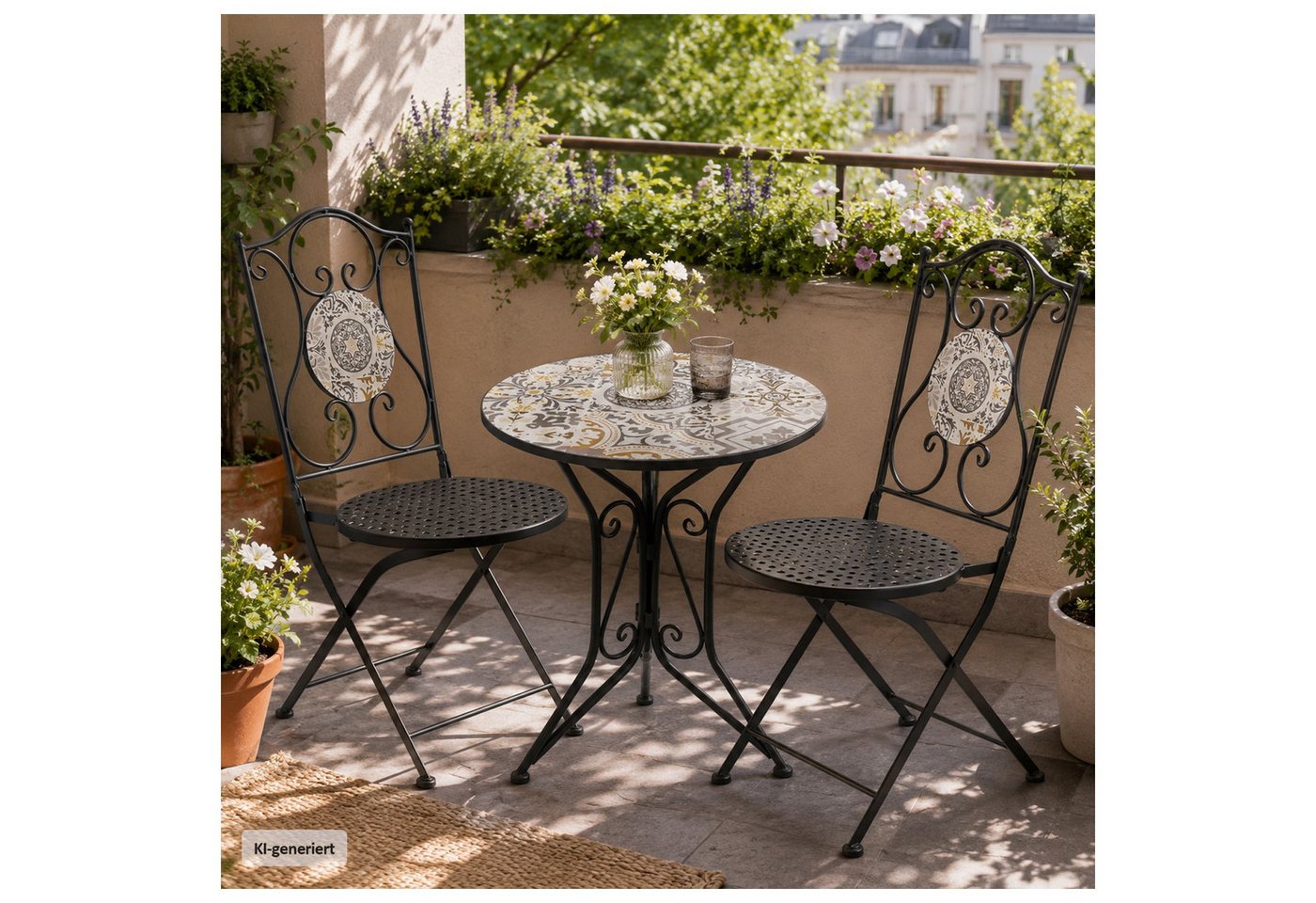 HTI-Living Garten-Essgruppe Sitzgruppe Metall Bistro Set mit Motiv Algier für Balkon und Terrasse, (Set, 3-tlg., 1 Tisch 2 Stühle), Sitzgruppe Essgruppe Balkonset