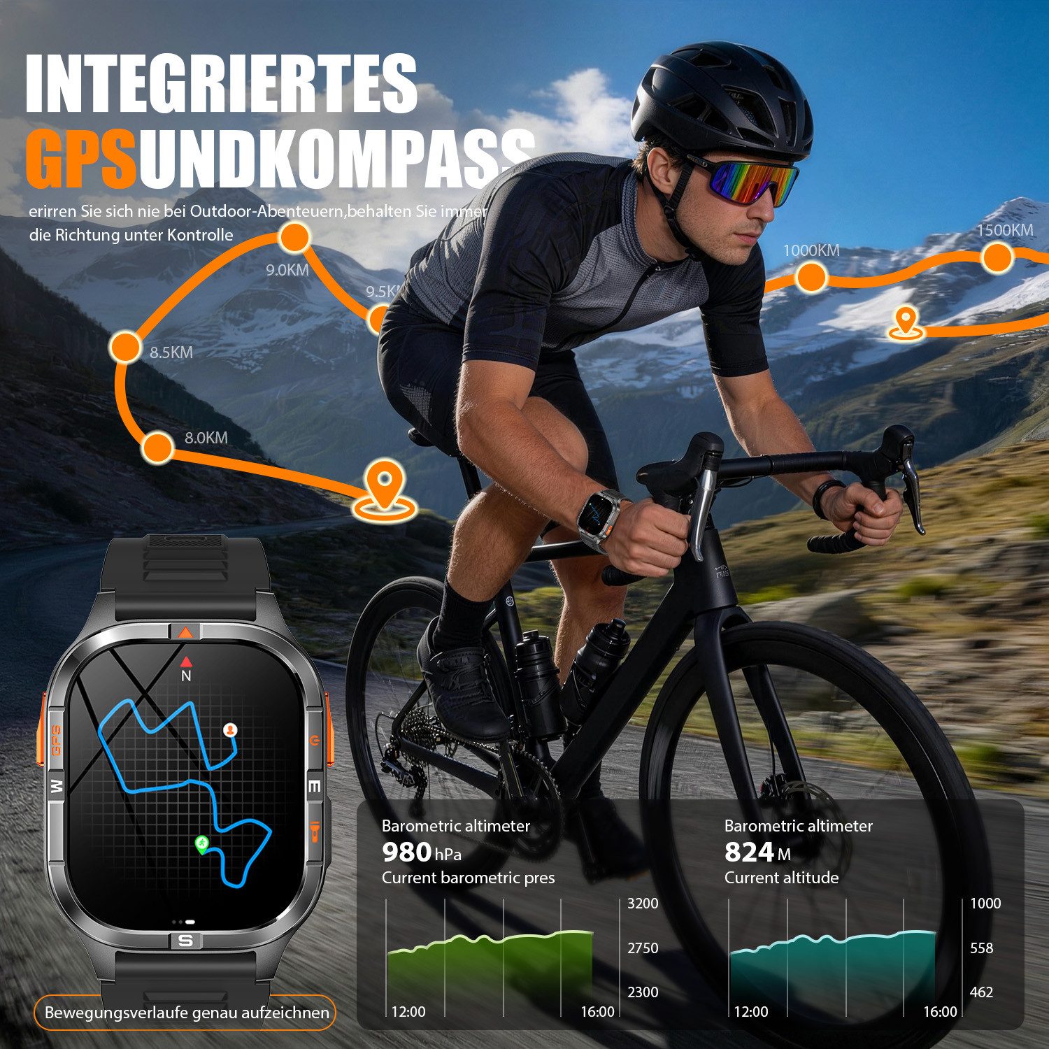 ANYSUN GPS Smartwatch Herren Militär mit LED Taschenlampen,Outdoor Smartwatch IP68 Wasserdicht Fitnessuhr,Kompass Smartwatch mit Telefonfunktion, Zwei Armbänder (Silikon + Metall), 100 Sportmodi, Pulsmesser,Schlafmonitor,Android/iOS