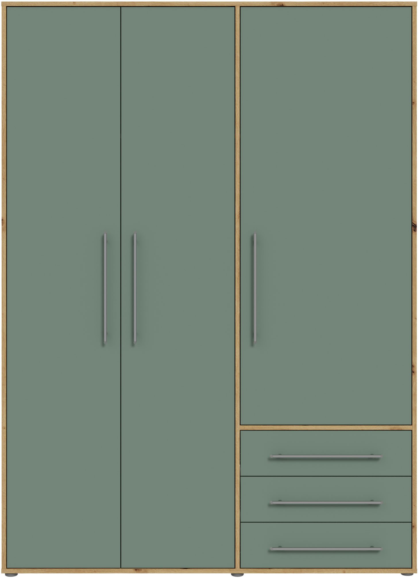 FORTE Drehtürenschrank Kleiderschrank,zeitloses Design,3 türig viel Stauraum, Schubladen, Stangengriffe, Made in Europe