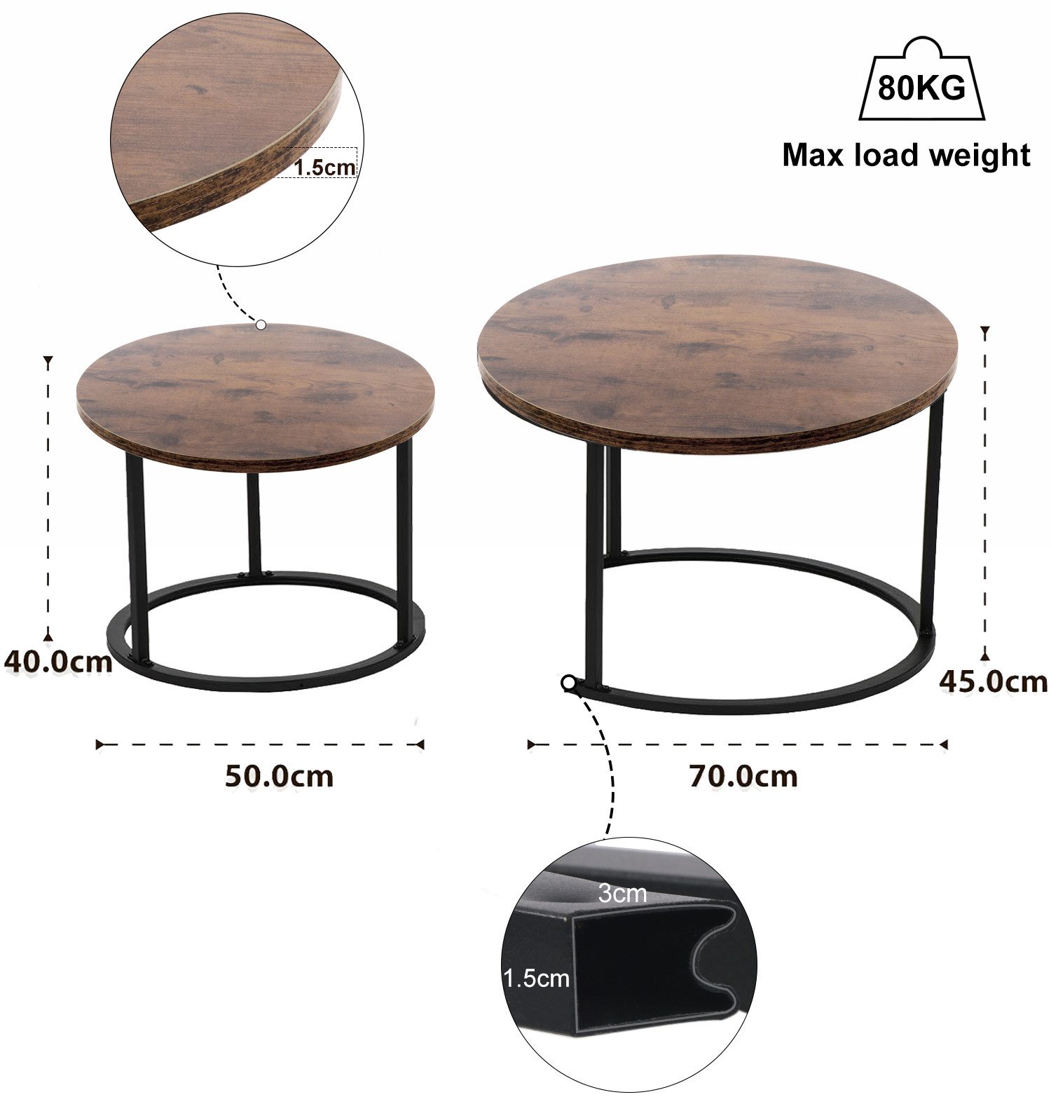 KAHOO Couchtisch Kaffeetisch, 2tlg. mit Marmormuster, 70x45cm+50x40cm, rund