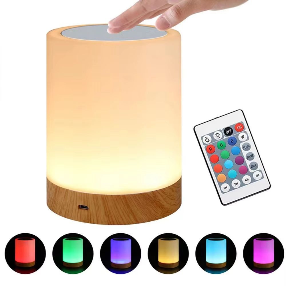 Wrischan Nachttischlampe RGB LED Tischlampe Touch Nachtlicht Kabellos Dimmbar Holzoptik, RGB LED Nachtlicht Touch dimmbar kabellos Holzoptik
