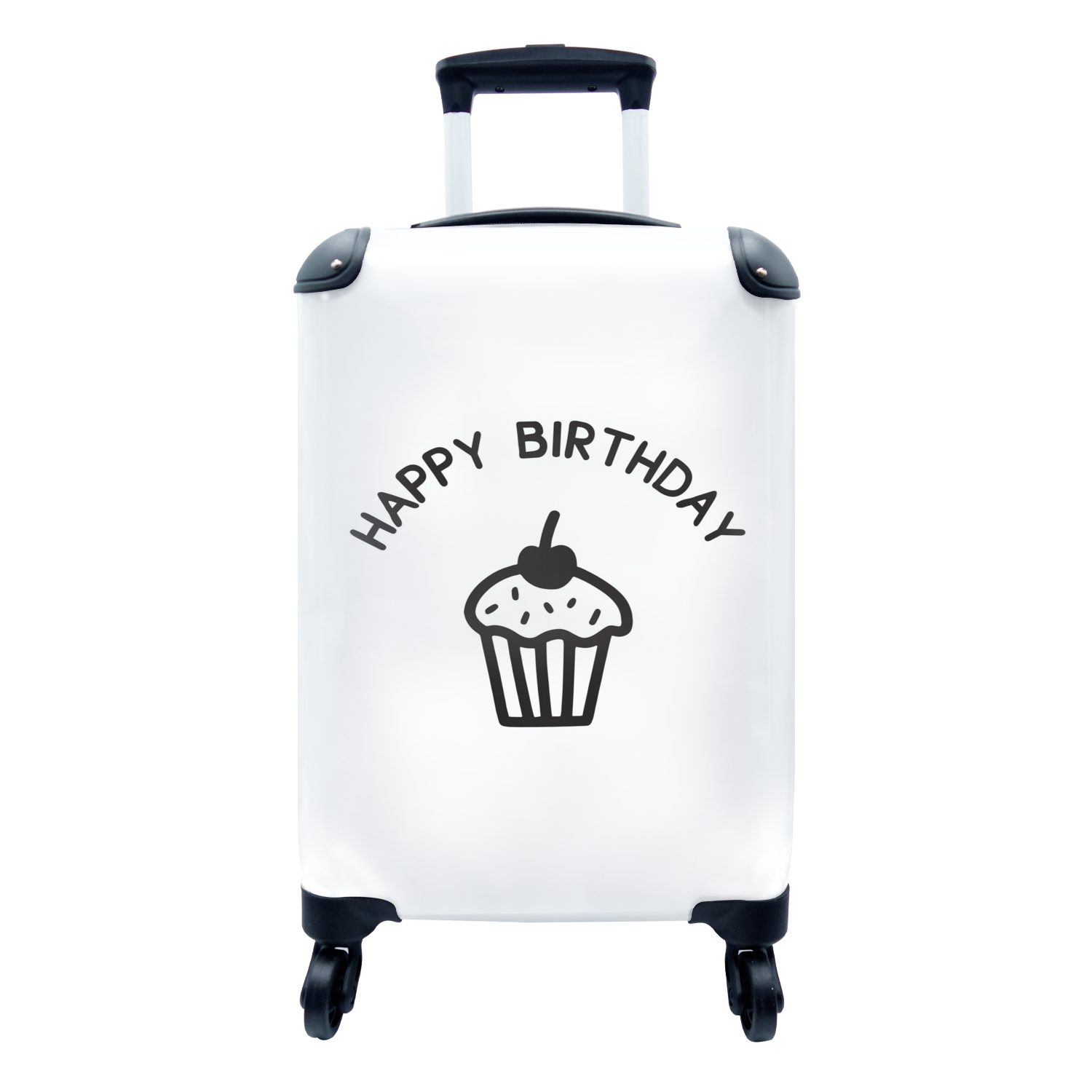 MuchoWow Handgepäckkoffer Zitat "Happy Birthday" mit einem Cupcake auf weißem Hintergrund, 4 Rollen, Reisetasche mit rollen, Handgepäck für Ferien, Trolley, Reisekoffer