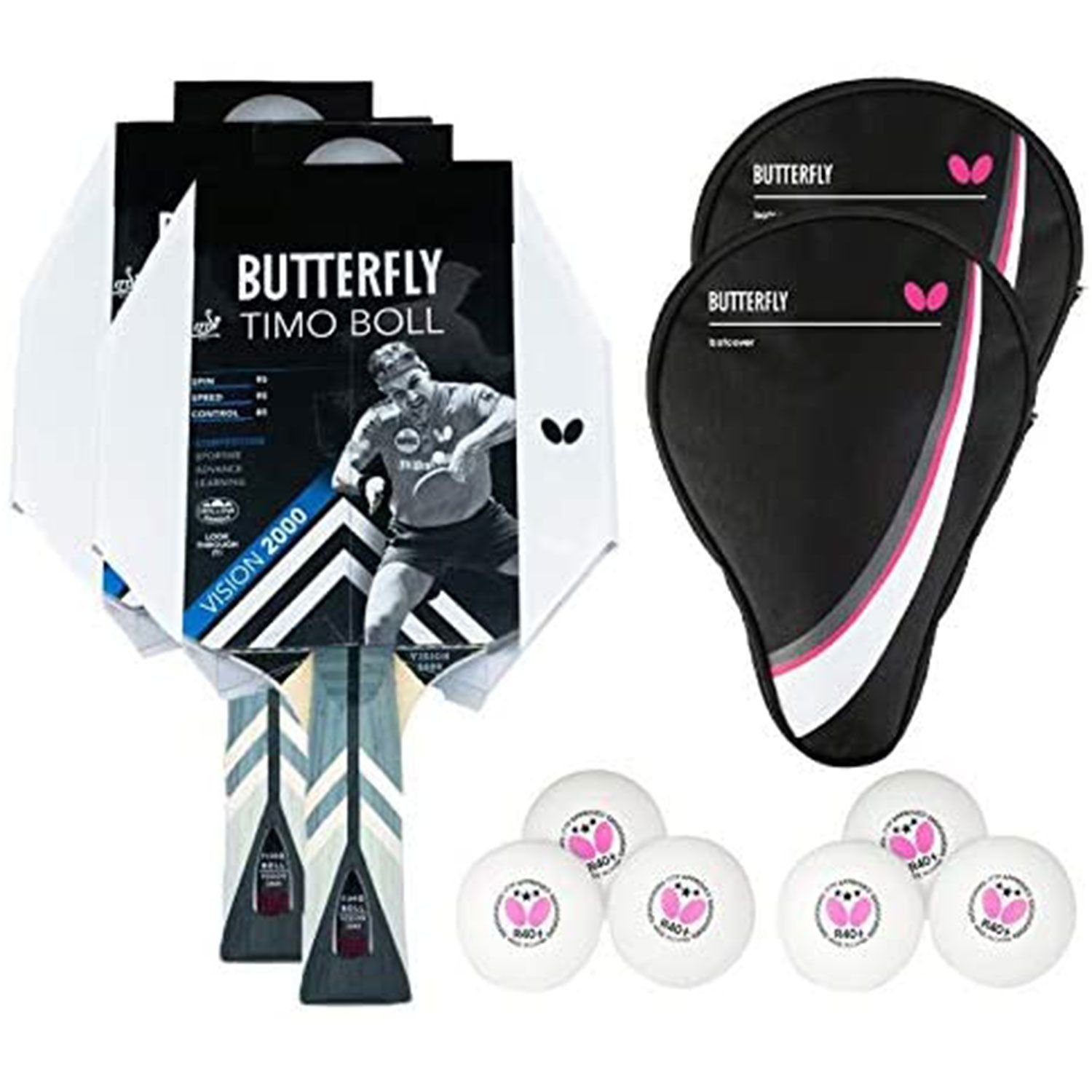 Butterfly Tischtennisschläger 2x Timo Boll Vision 2000 + 2x Drive Case 1 + Bälle, Tischtennis Schläger Set Tischtennisset Table Tennis Bat Racket