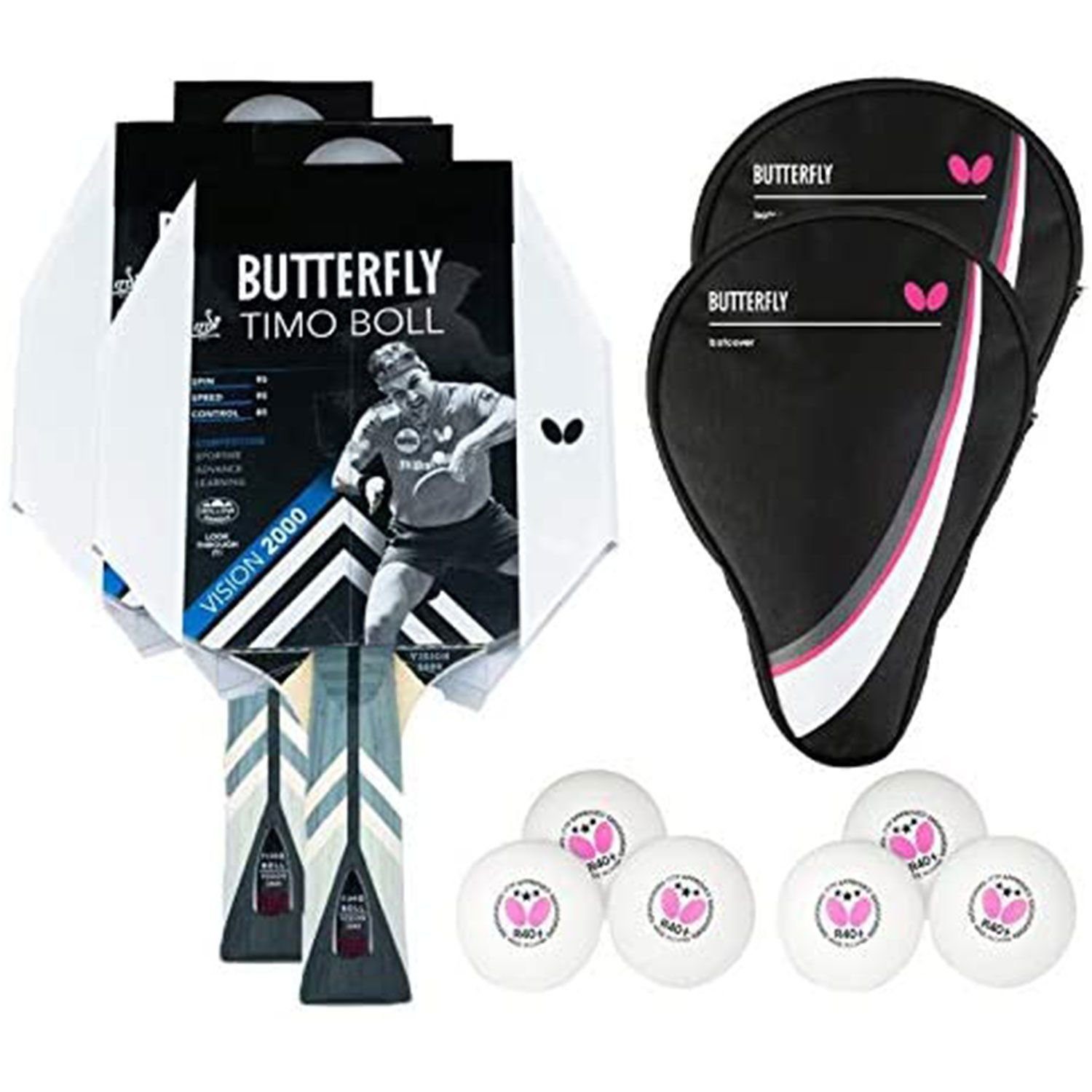 Tischtennisschläger 2x Timo Boll Vision 2000 + 2x Drive Case 1 + Bälle