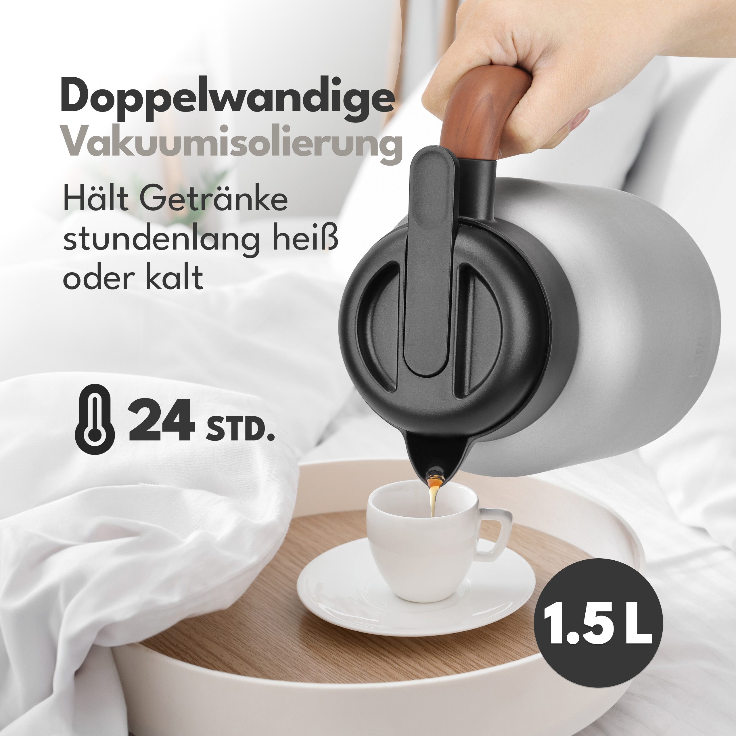 Lebenlang Isolierkanne 1,5L Thermoskanne inkl. Teesieb - Kaffee & Tee - Heiß & Kalt, 1.5 l, Innenwand aus Keramikbeschichtung, Auslaufsicher, Drehdeckel