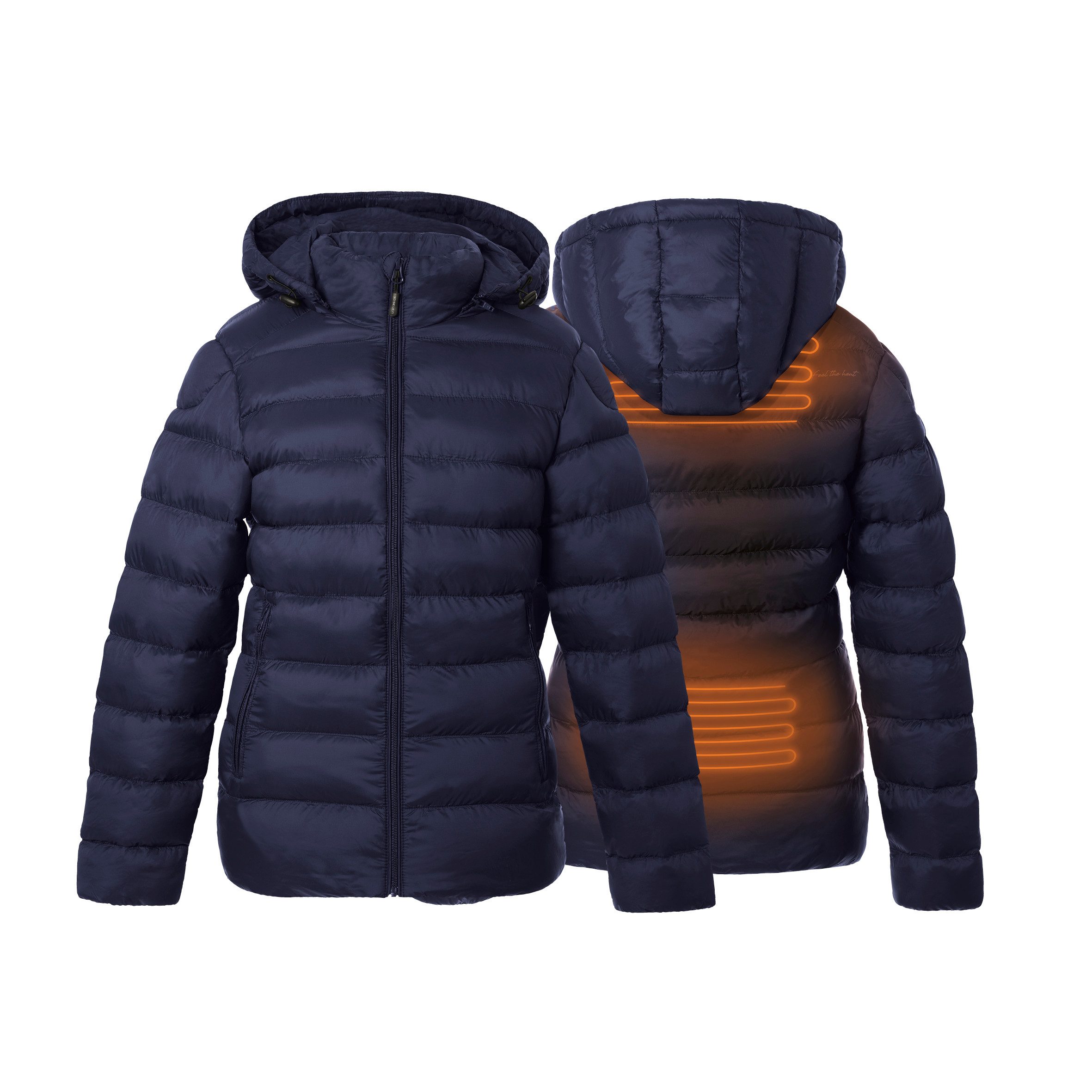 30seven Steppjacke beheizte Steppjacke mit verstellbarer Kapuze - Marineblau 7,4V Set inkl. Powerbank & Ladegerät