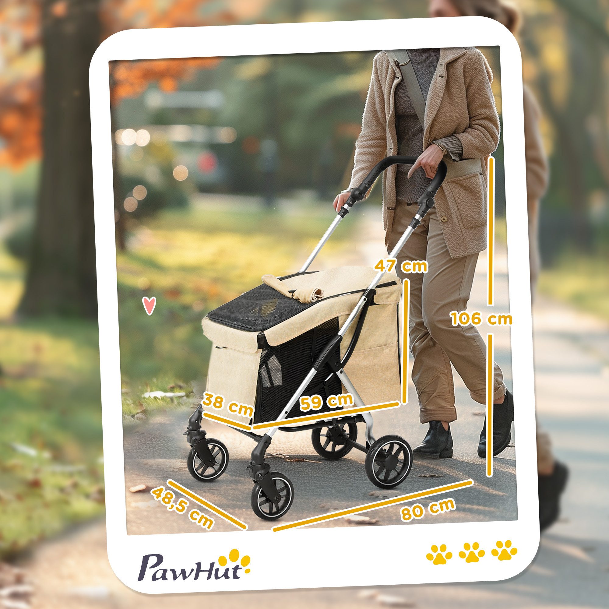 PawHut Hundebuggy klappbar, für Hunde bis 10 kg, mit Kissen, Netzfenstern, Türen, (Hundewagen, 1-tlg), Aufbewahrungskorb, Katzenwagen, Buggy, Khaki