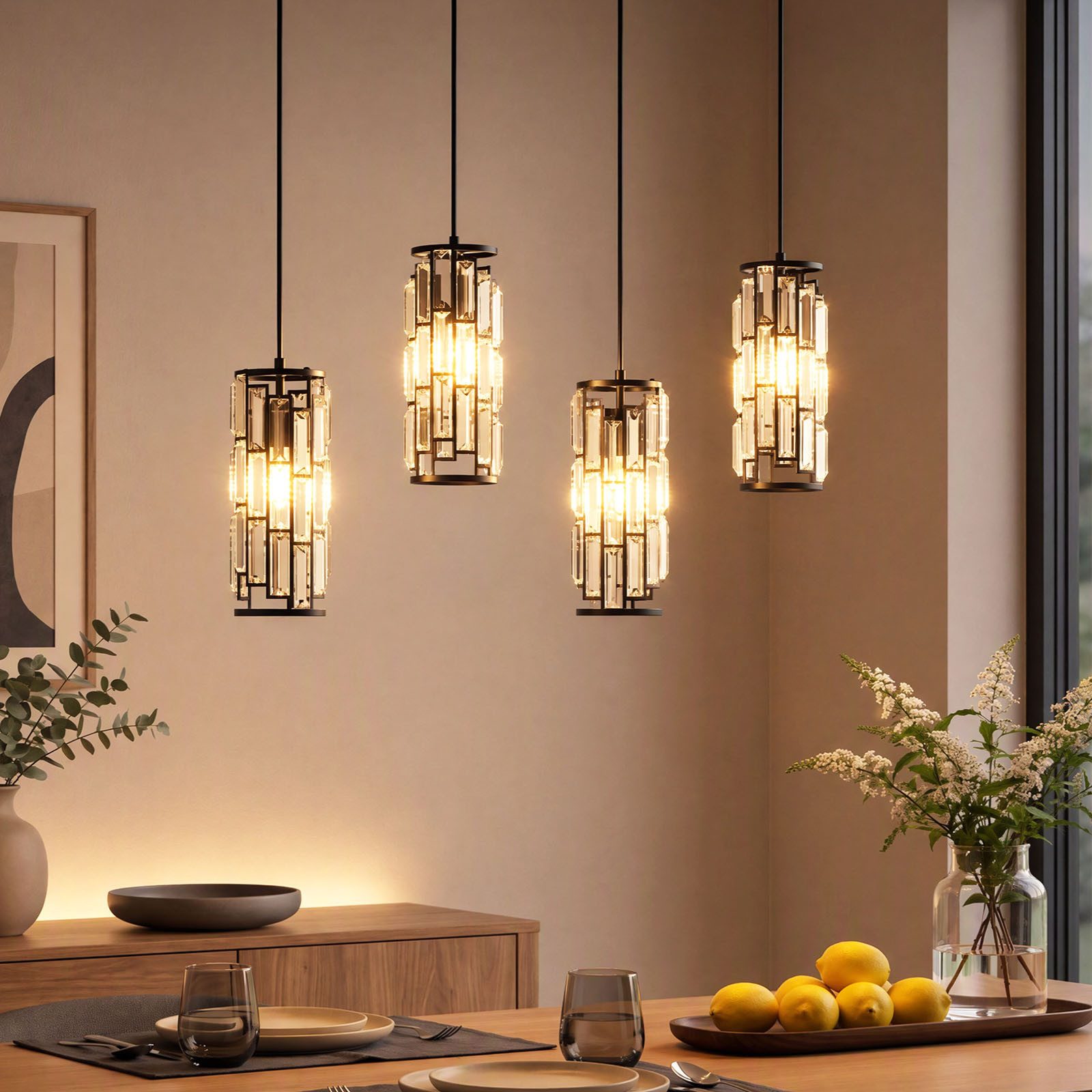 oyajia Pendelleuchte Modern Kristall-Pendelleuchte, 4-flammiger Kronleuchter Esstischlampe, ohne Leuchtmittel, Höhenverstellbare Hängelampe E27-Fassung für Wohnzimmer, Küche, Flur