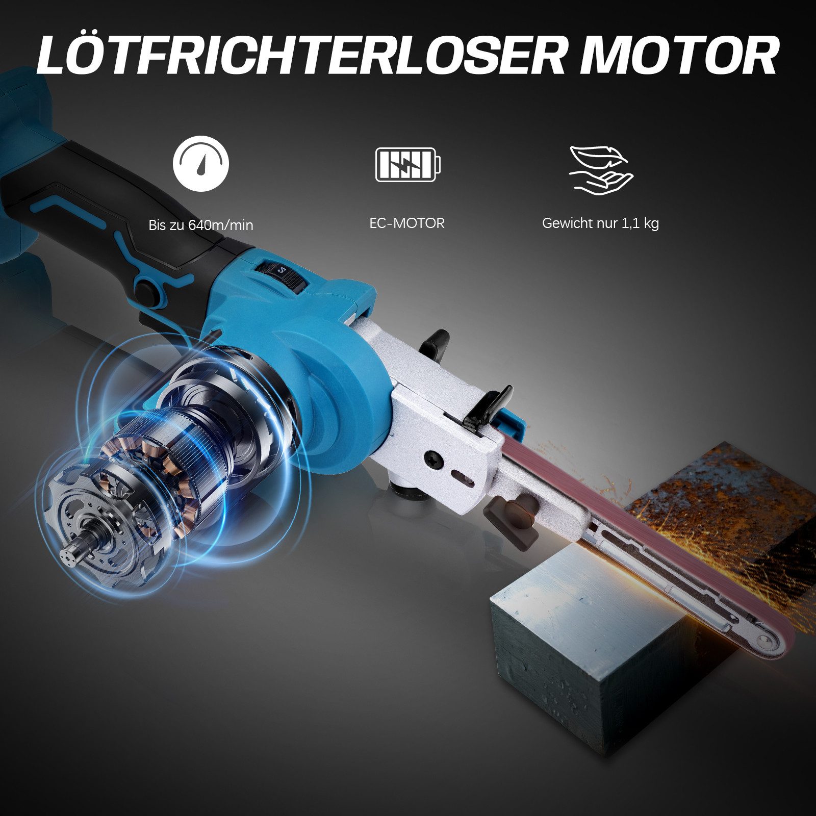 XERSEK Akku-Bandschleifer Mini Bürstenloser Schleifer mit 2 Akku 9-13-mm 100° Schleifarms 6-fach, 630 m/min, Fein & Grob Werkzeugfreie Bandwechsel, kompatibel mit Makita 18V