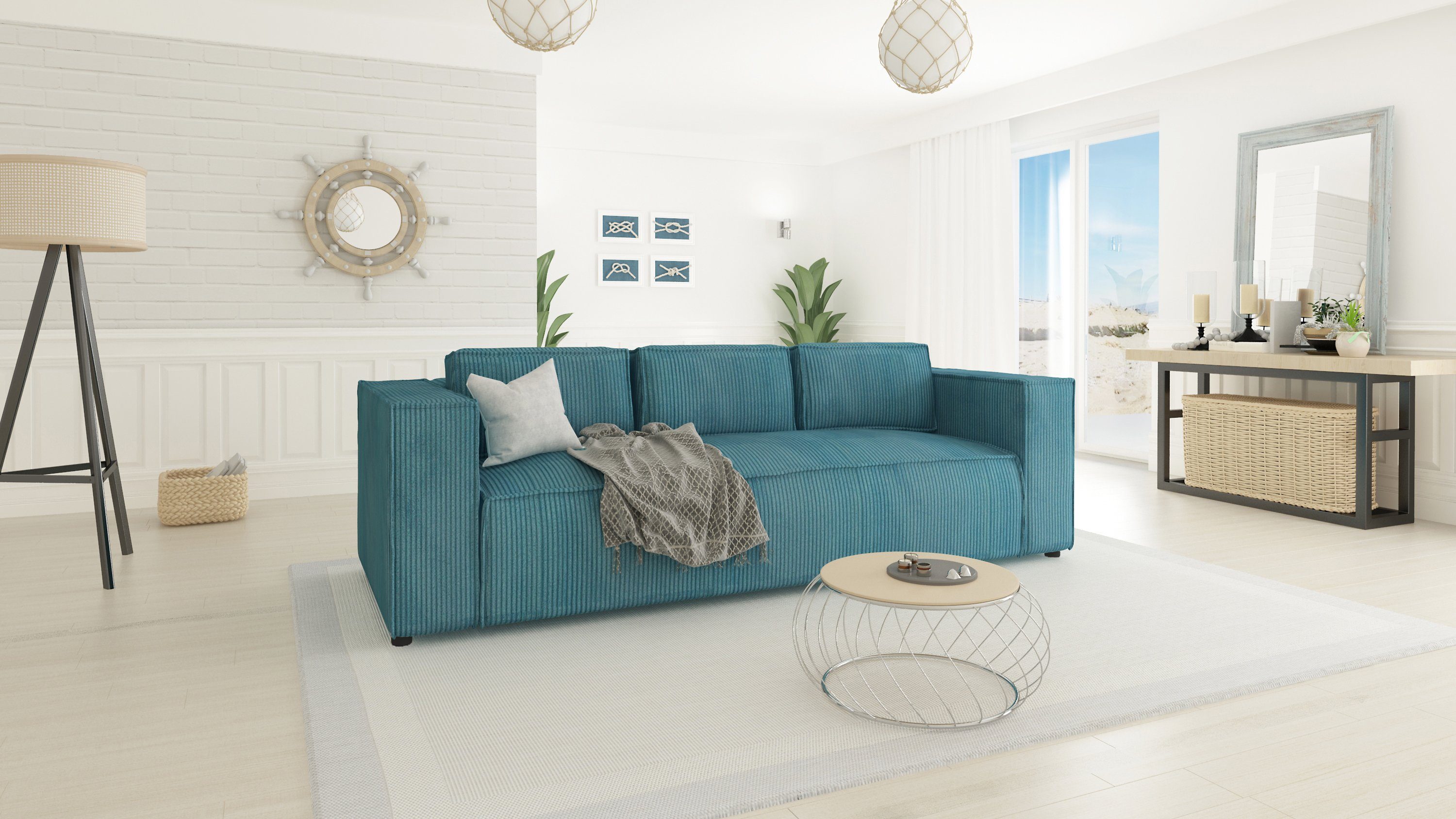 S-Style Möbel 3-Sitzer Cord sofa mit 1 Renne, Wellenfederung Türkis Teile