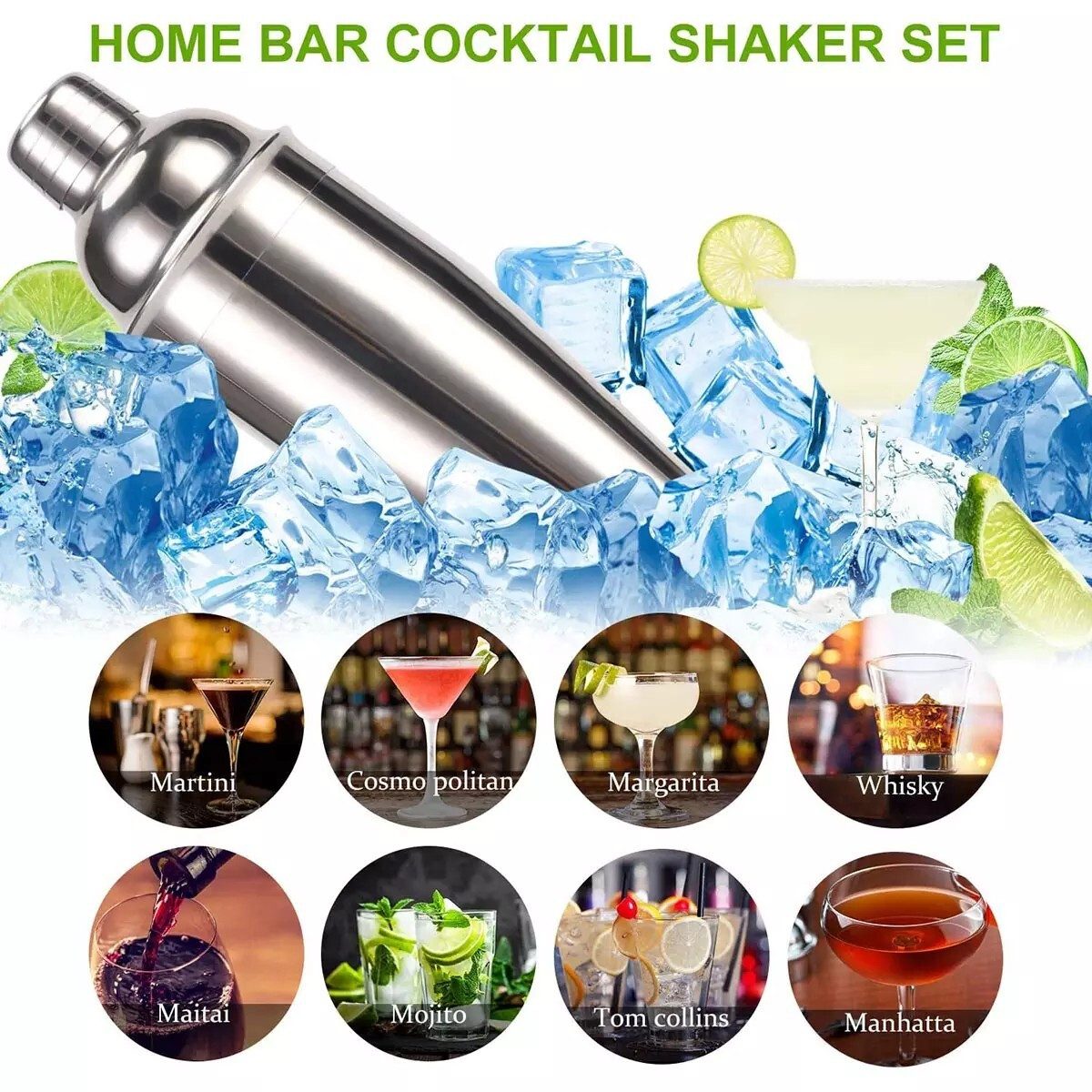 Faizee Möbel Cocktail Shaker Cocktail Shaker Set: 750 ml Edelstahl Martini Shaker 11 tlg, Rostfrei, (11-tlg)