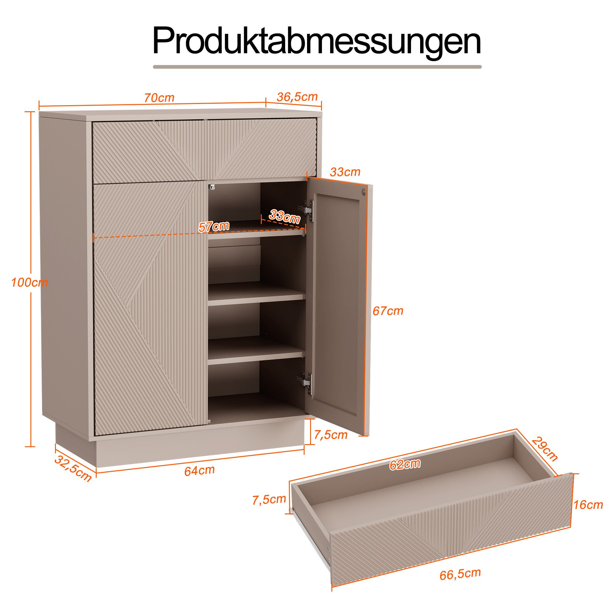UEV Sideboard Küchenschrank mit 2 Türen & Schublade, 70x36,5x94cm grifflose Kommode (Flurschrank, Kaffeebar Möbel, Kleine Kommode), Verstellbarer Ablage & Push- – Bild 3 von 5