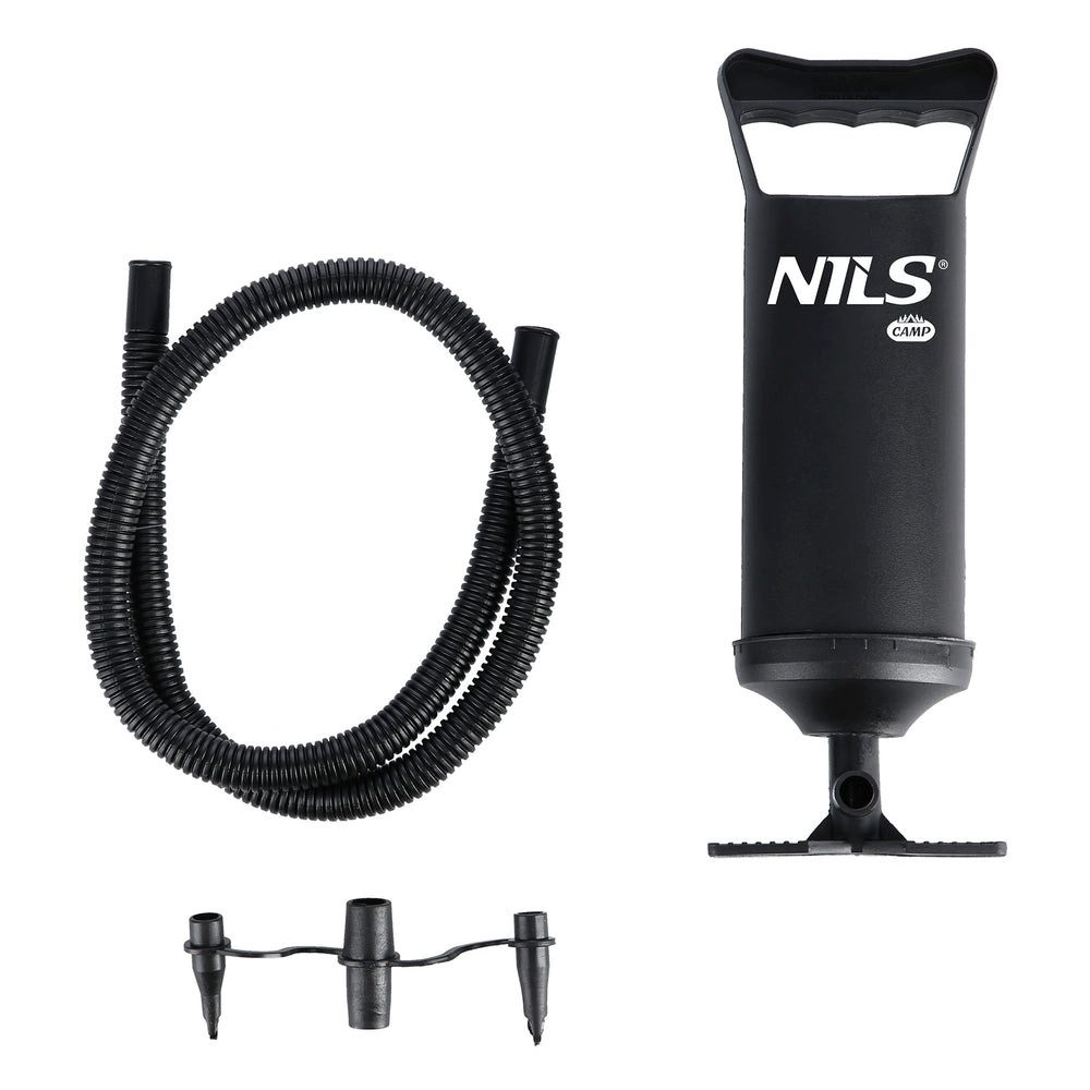 NILS CAMP Luftpumpe Doppelhubpumpe Handluftpumpe (Spar-Set, 1-tlg., H 30 cm leicht), Doppelhub, 3 Ventilaufsätze, leicht