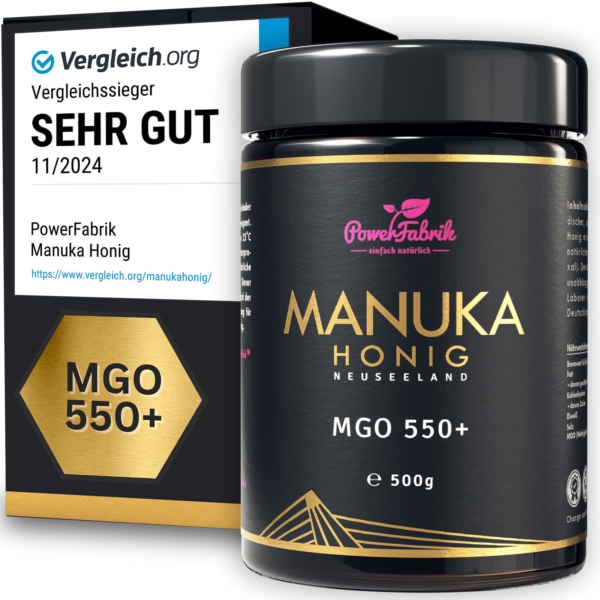 PowerFabrik Honig Manuka Honig MGO 550+, Original aus Neuseeland, im Glas, 500g, 1 x